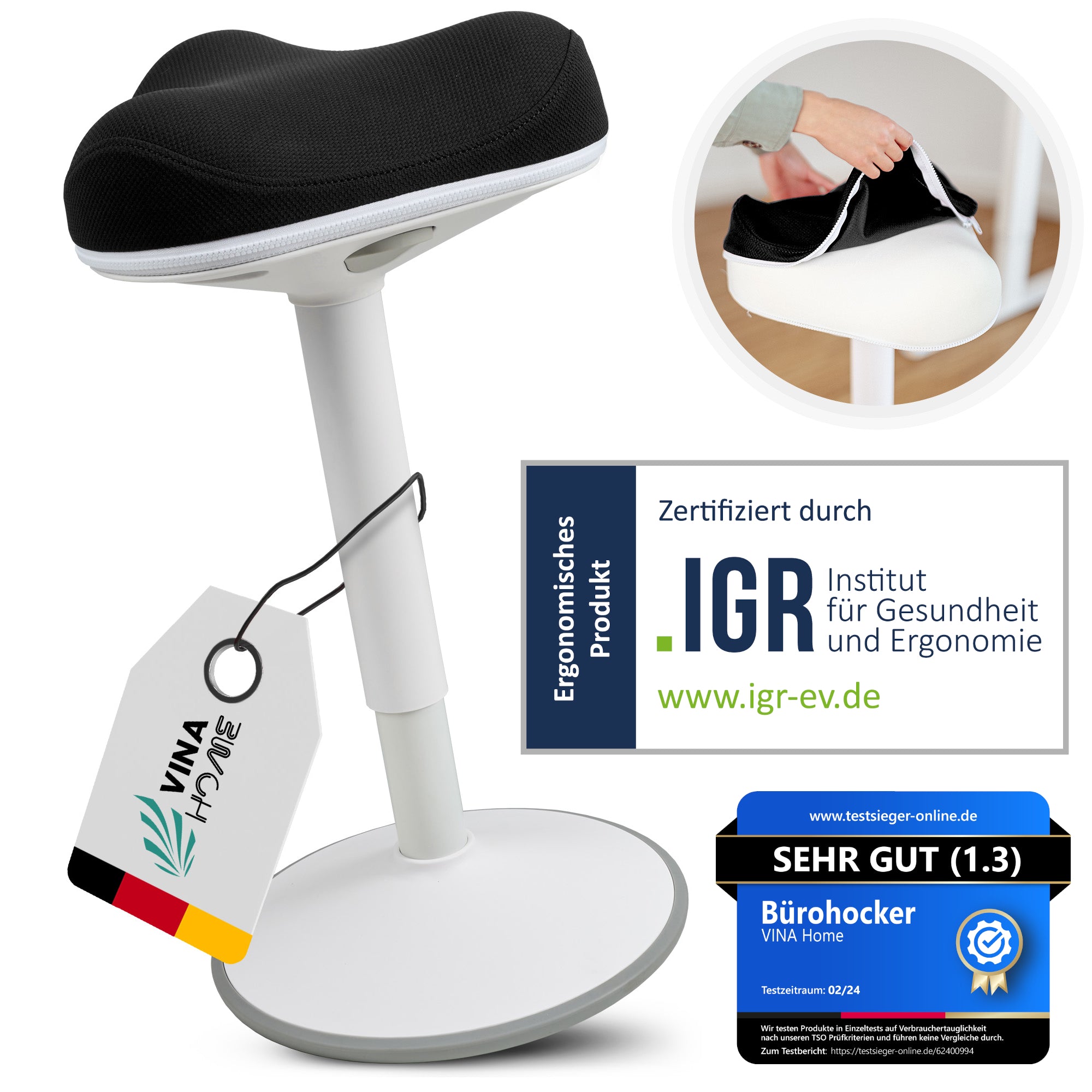 VINA Home SH-01 ZIP Bürohocker, Ergonomisch, Höhenverstellbar, Rutschfest - Sitzhocker/ Stehhocker für Arbeit & Freizeit