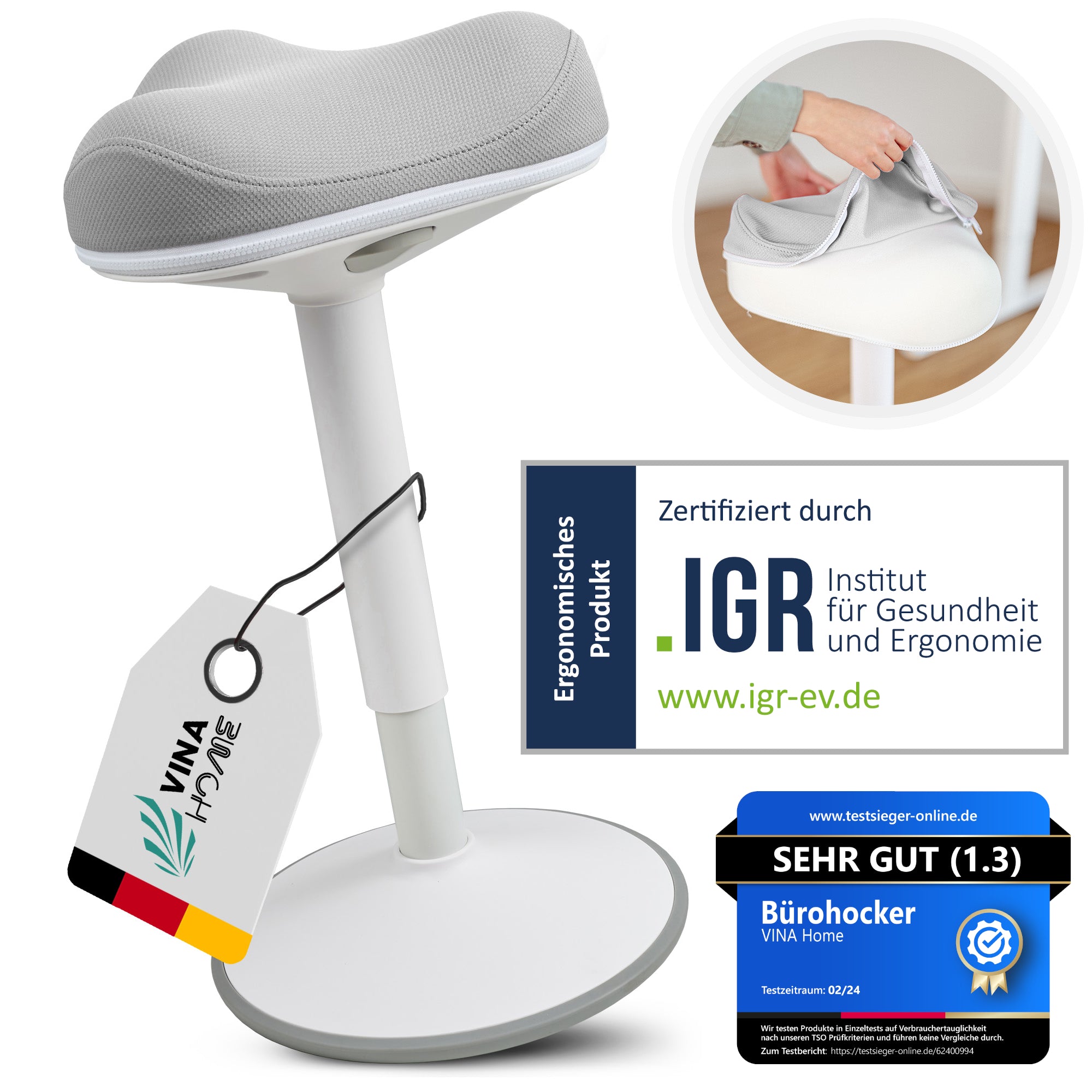 VINA Home SH-01 ZIP Bürohocker, Ergonomisch, Höhenverstellbar, Rutschfest - Sitzhocker/ Stehhocker für Arbeit & Freizeit