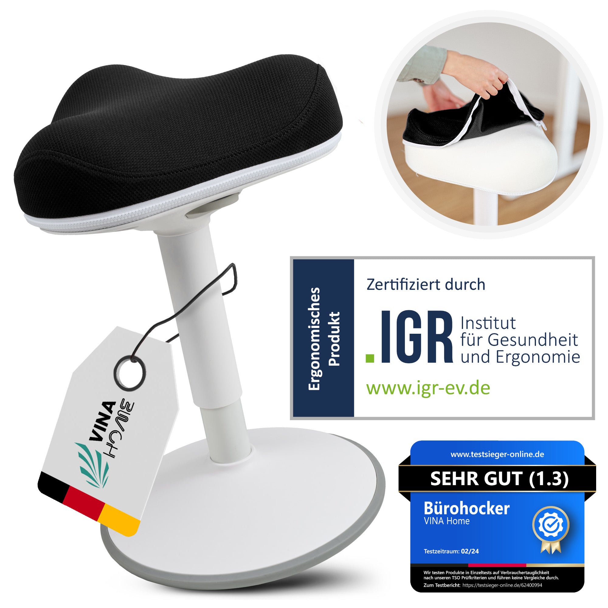 VINA Home SH-01 ZIP Bürohocker, Ergonomisch, Höhenverstellbar, Rutschfest - Sitzhocker/ Stehhocker für Arbeit & Freizeit
