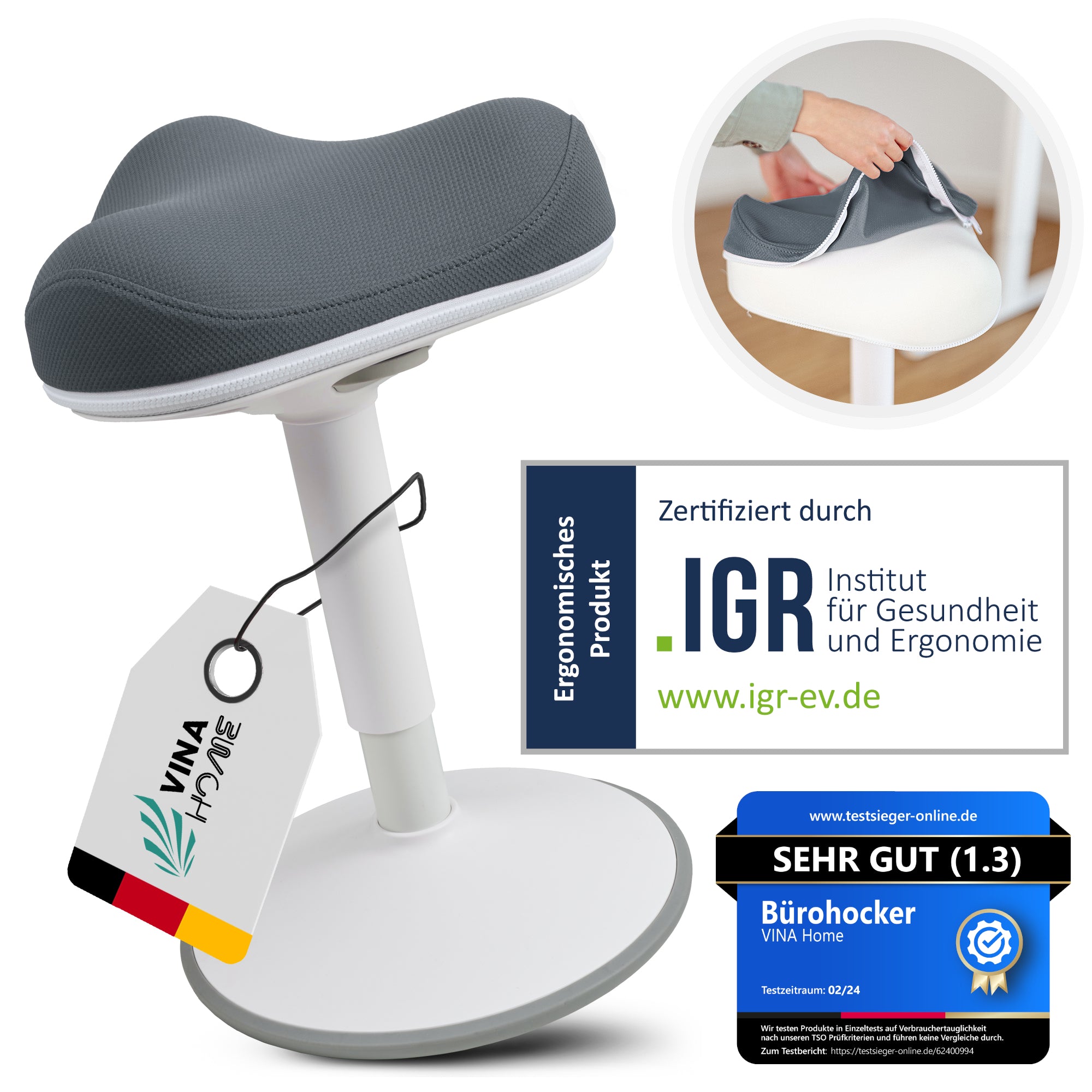VINA Home SH-01 ZIP Bürohocker, Ergonomisch, Höhenverstellbar, Rutschfest - Sitzhocker/ Stehhocker für Arbeit & Freizeit