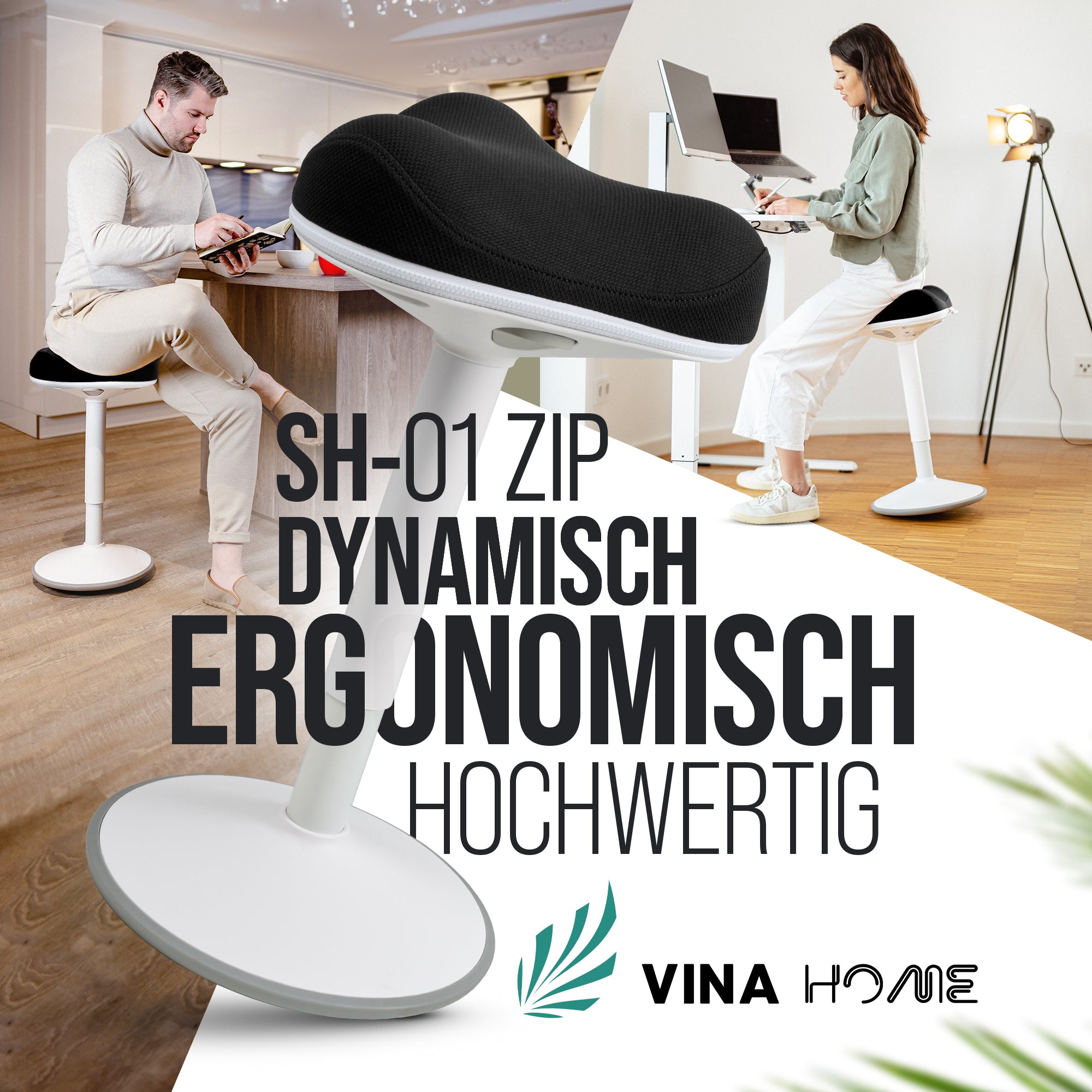 VINA Home SH-01 ZIP Bürohocker, Ergonomisch, Höhenverstellbar, Rutschfest - Sitzhocker/ Stehhocker für Arbeit & Freizeit