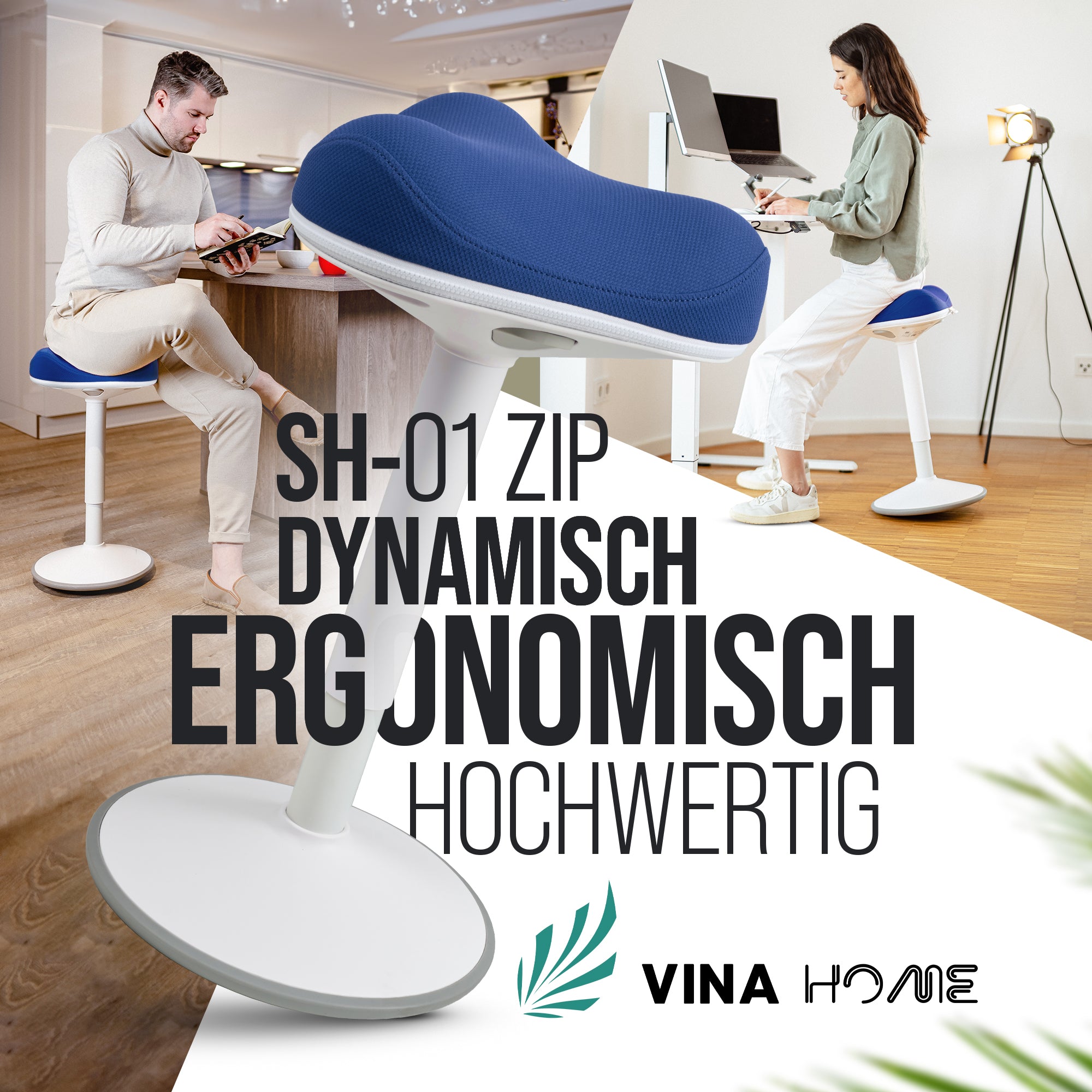 VINA Home SH-01 ZIP Bürohocker, Ergonomisch, Höhenverstellbar, Rutschfest - Sitzhocker/ Stehhocker für Arbeit & Freizeit
