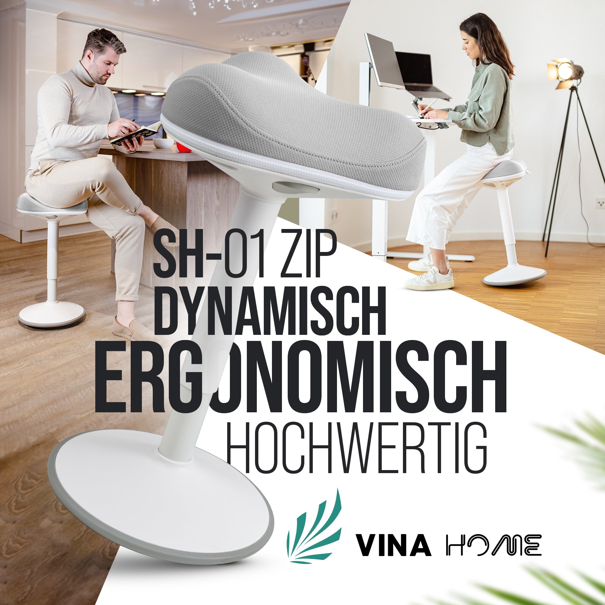 VINA Home SH-01 ZIP Bürohocker, Ergonomisch, Höhenverstellbar, Rutschfest - Sitzhocker/ Stehhocker für Arbeit & Freizeit