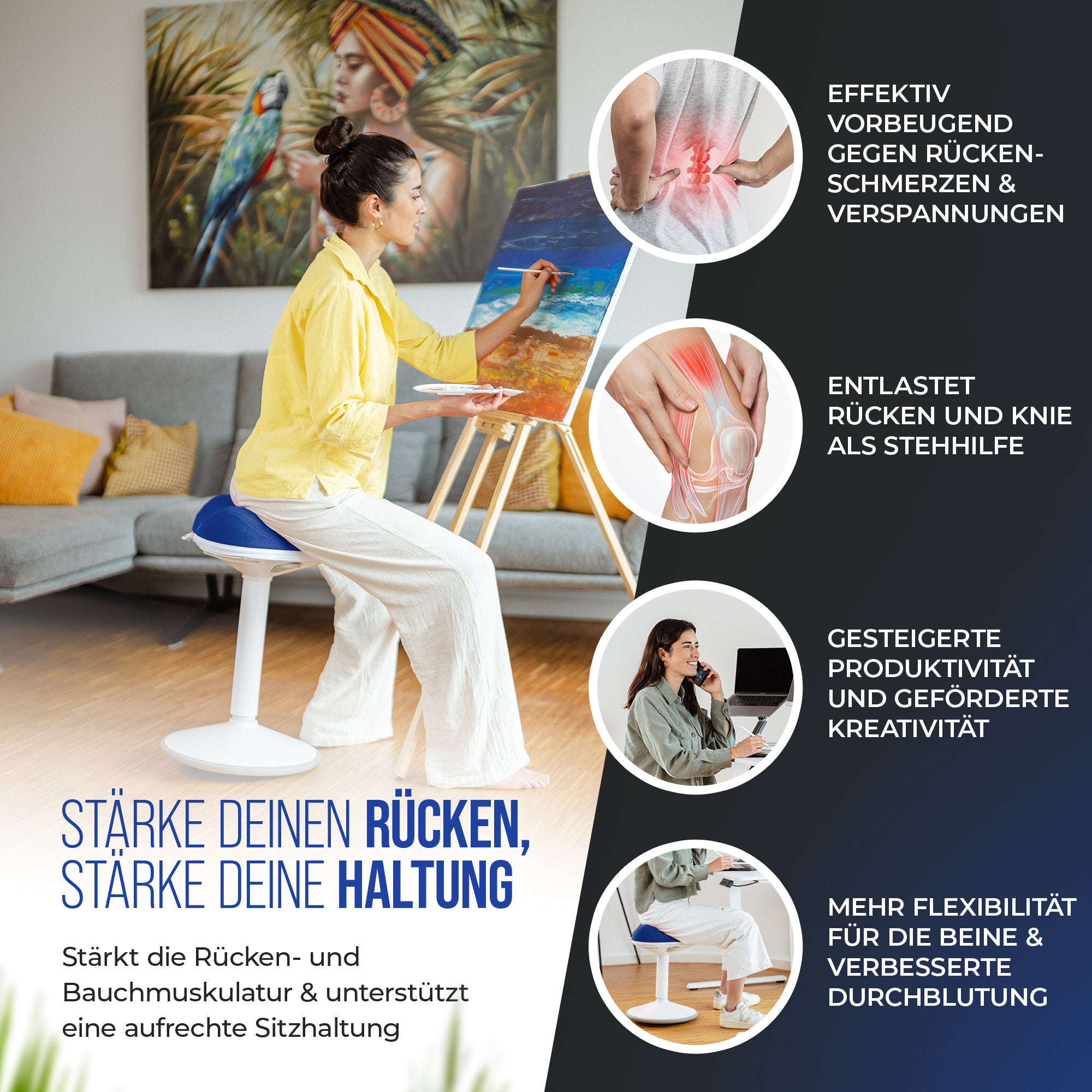 VINA Home SH-01 ZIP Bürohocker, Ergonomisch, Höhenverstellbar, Rutschfest - Sitzhocker/ Stehhocker für Arbeit & Freizeit