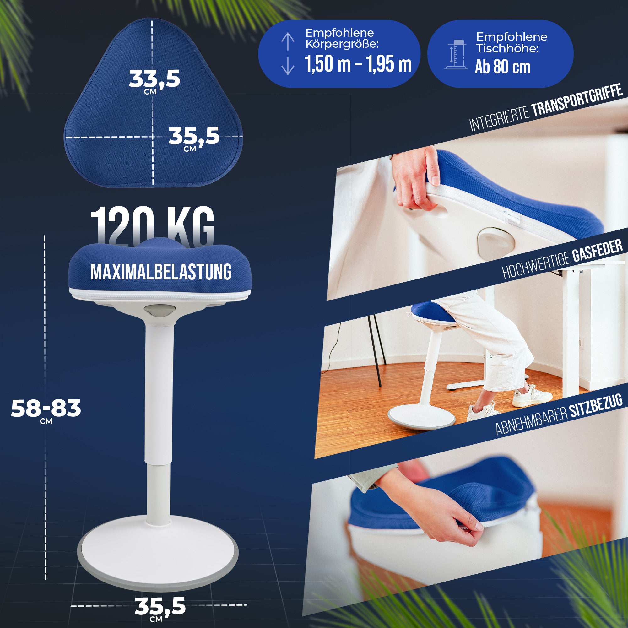 VINA Home SH-01 ZIP Bürohocker, Ergonomisch, Höhenverstellbar, Rutschfest - Sitzhocker/ Stehhocker für Arbeit & Freizeit