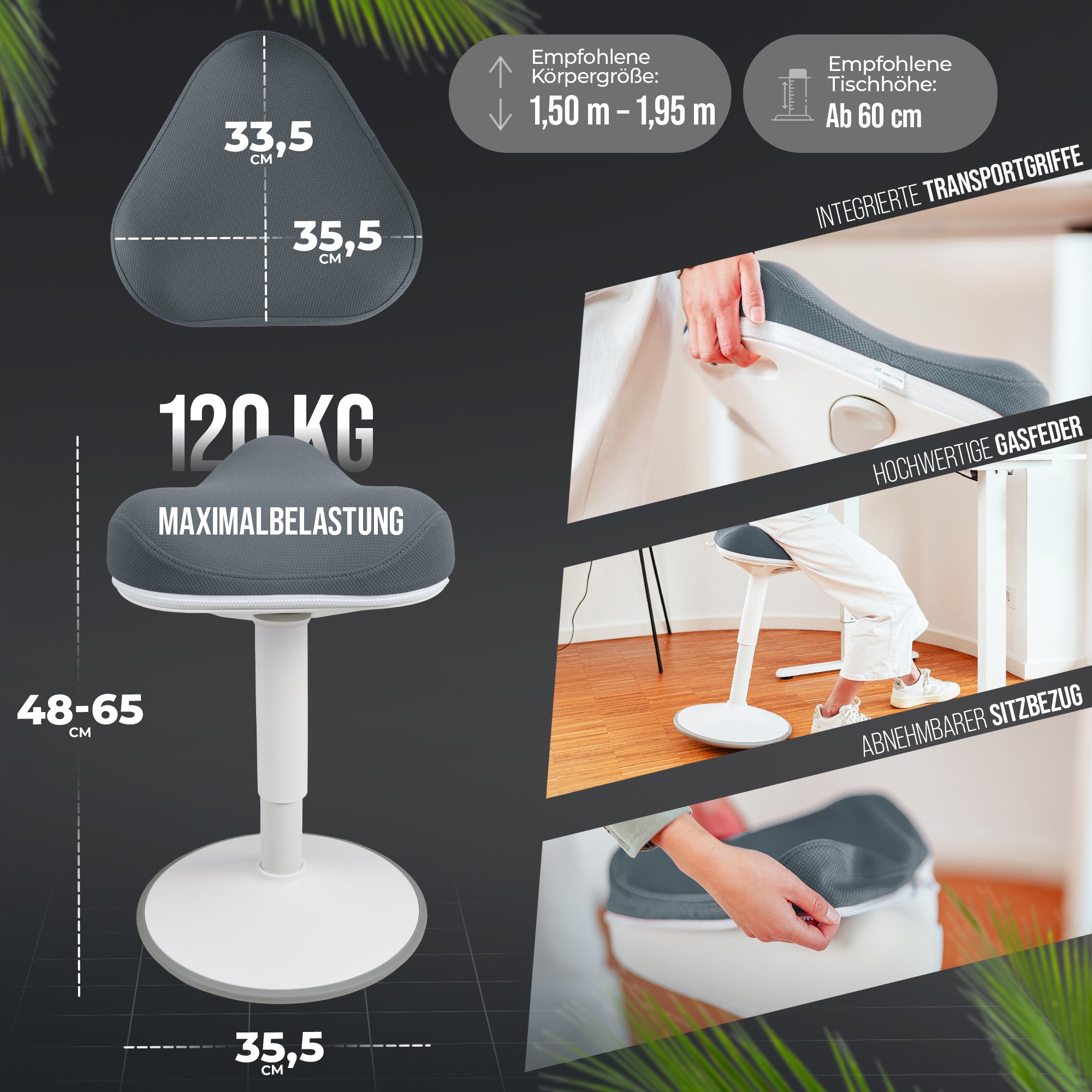 VINA Home SH-01 ZIP Bürohocker, Ergonomisch, Höhenverstellbar, Rutschfest - Sitzhocker/ Stehhocker für Arbeit & Freizeit