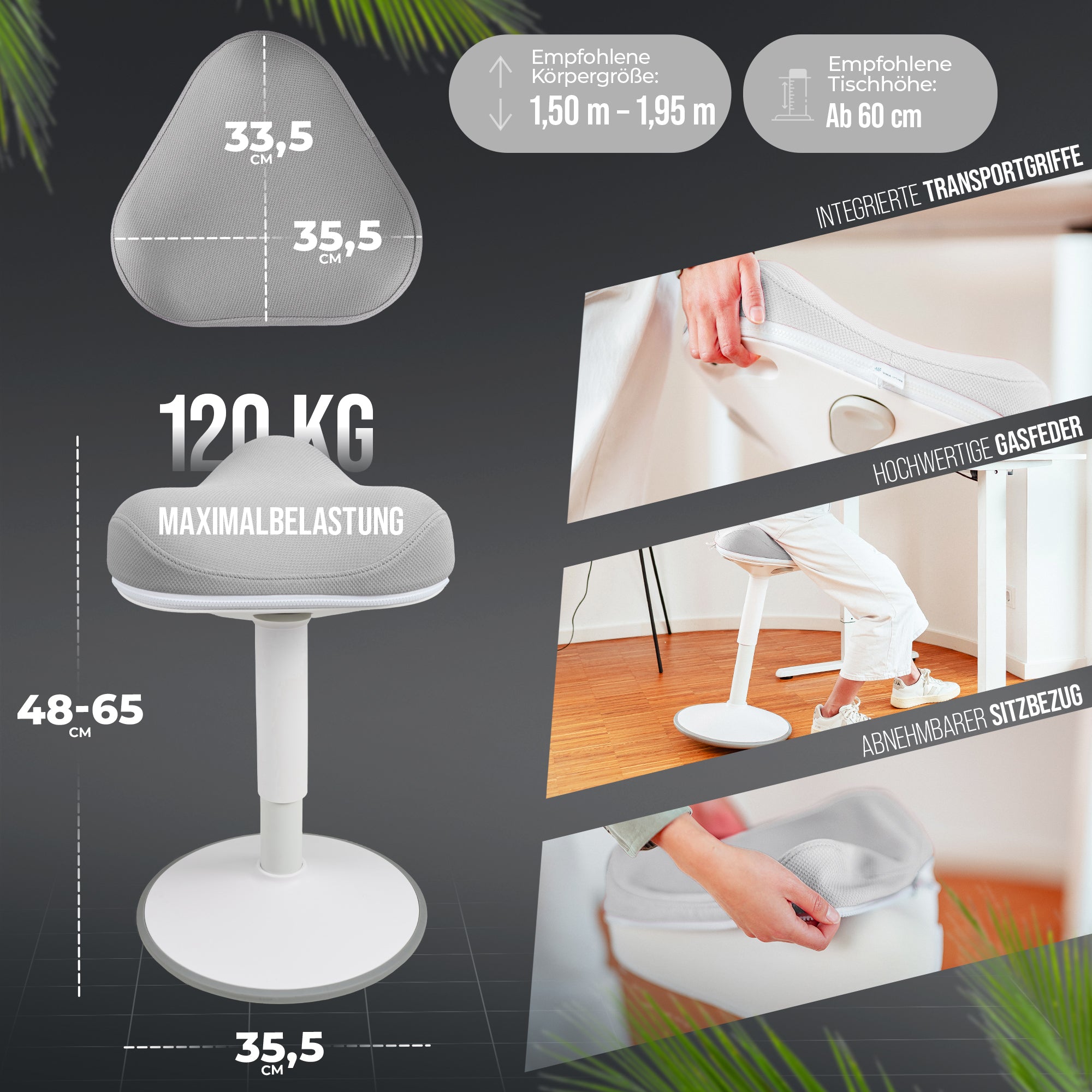 VINA Home SH-01 ZIP Bürohocker, Ergonomisch, Höhenverstellbar, Rutschfest - Sitzhocker/ Stehhocker für Arbeit & Freizeit