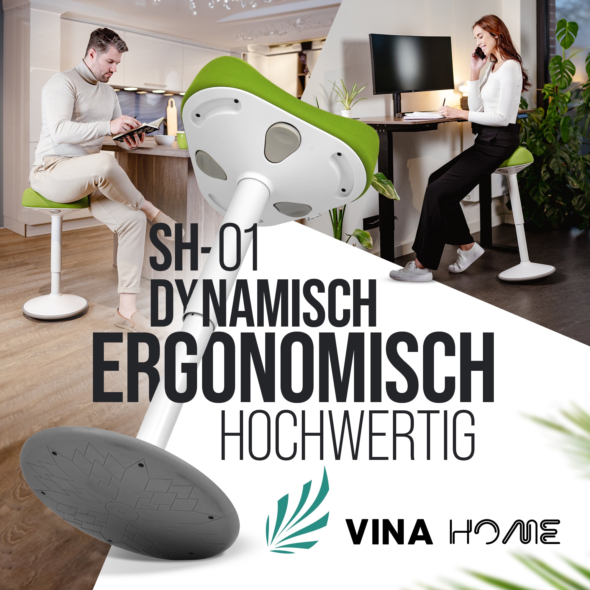VINA Home SH-01 Bürohocker, Ergonomisch, Höhenverstellbar, Rutschfest - Sitzhocker/ Stehhocker für Arbeit & Freizeit