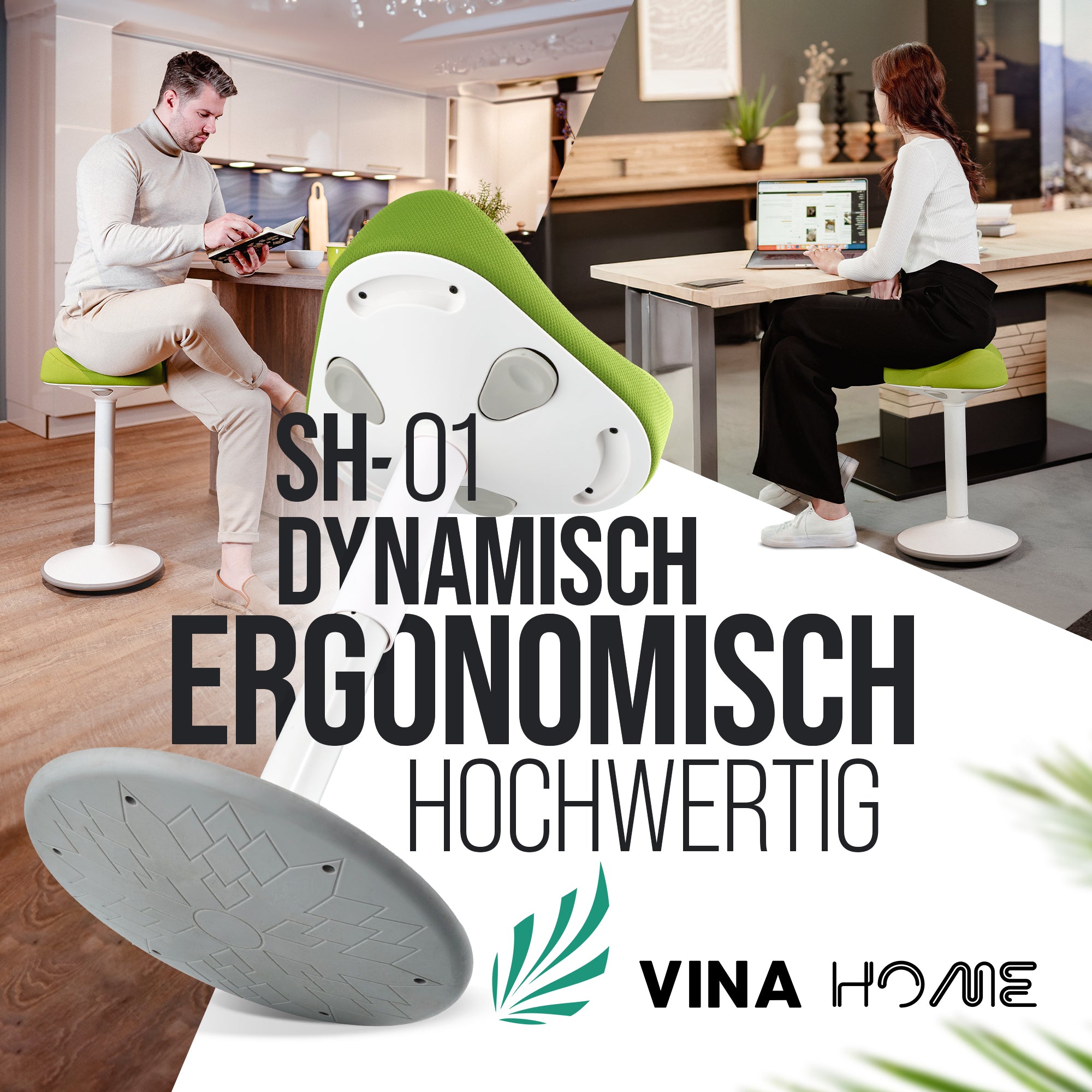 VINA Home SH-01S Bürohocker, Ergonomisch, (47 - 65cm) Höhenverstellbar, Rutschfest - Sitzhocker für Arbeit & Freizeit