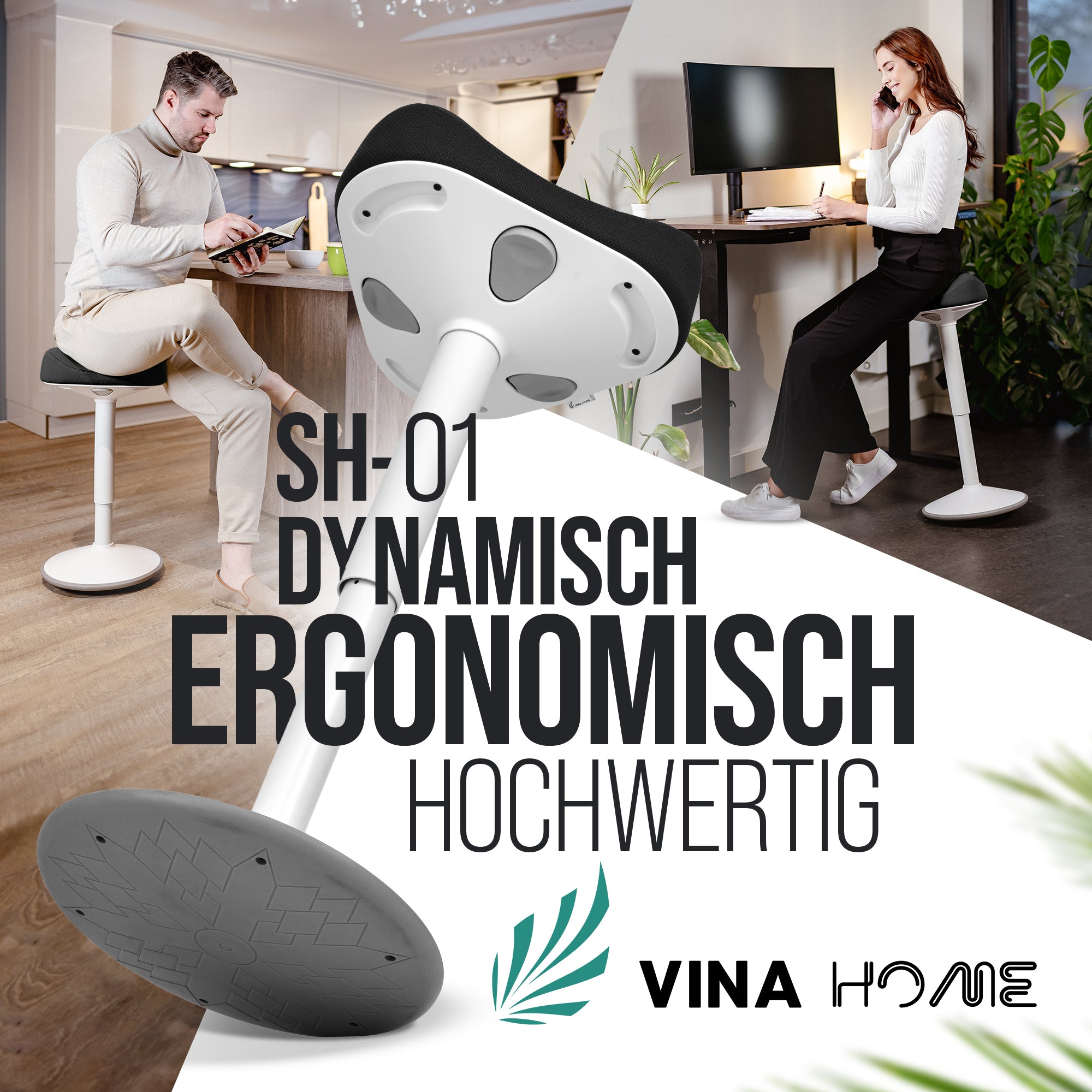 VINA Home SH-01 Bürohocker, Ergonomisch, Höhenverstellbar, Rutschfest - Sitzhocker/ Stehhocker für Arbeit & Freizeit