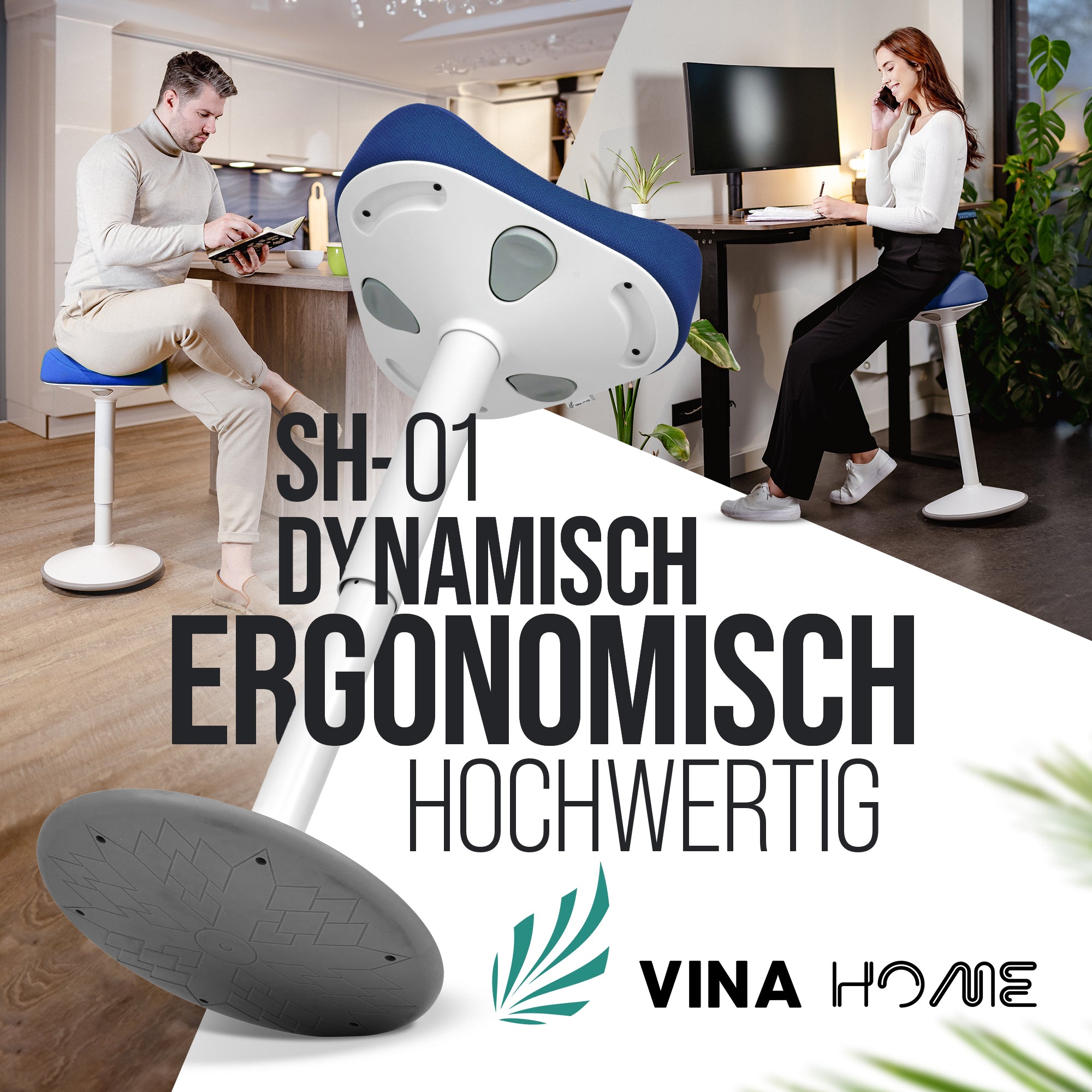 VINA Home SH-01 Bürohocker, Ergonomisch, Höhenverstellbar, Rutschfest - Sitzhocker/ Stehhocker für Arbeit & Freizeit
