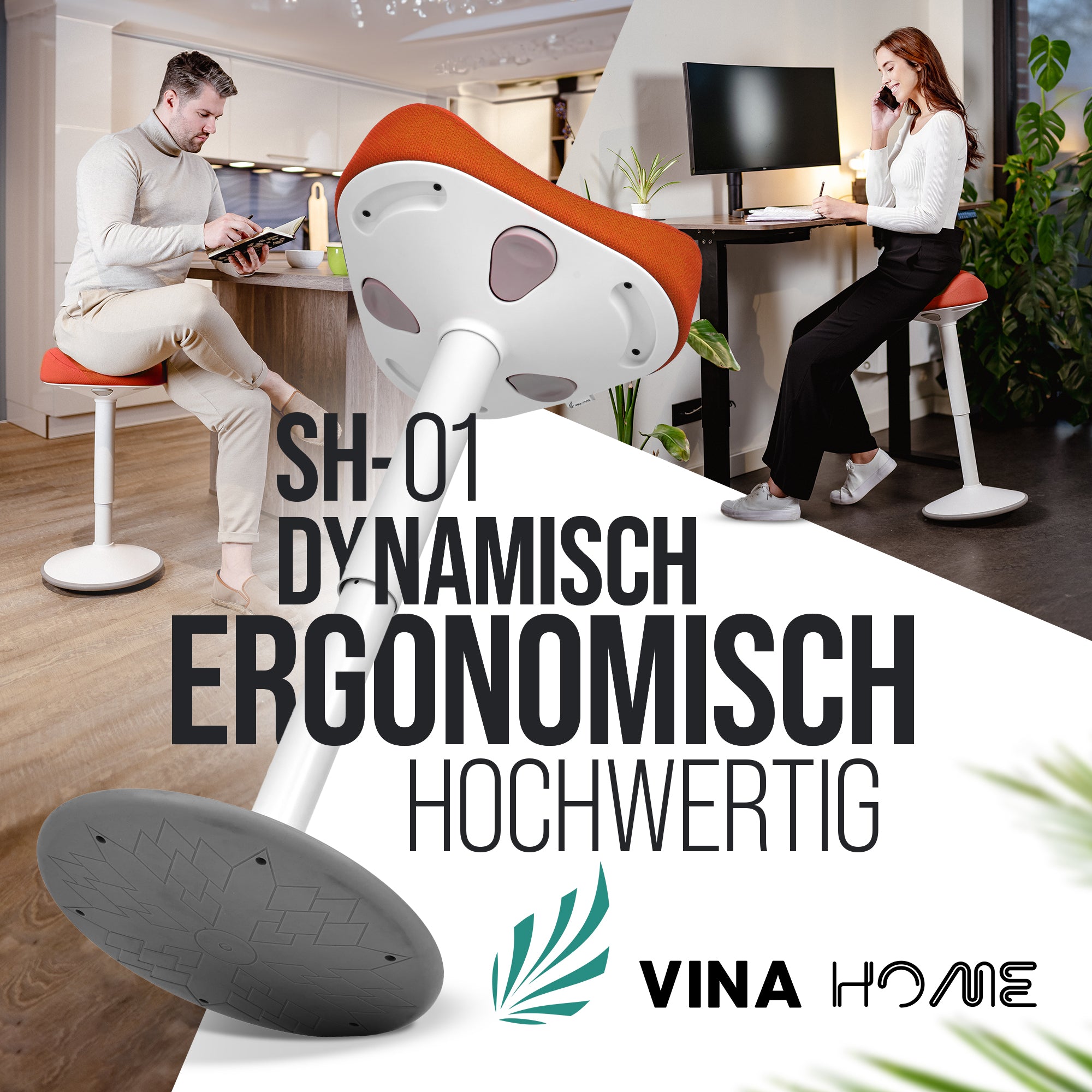VINA Home SH-01 Bürohocker, Ergonomisch, Höhenverstellbar, Rutschfest - Sitzhocker/ Stehhocker für Arbeit & Freizeit