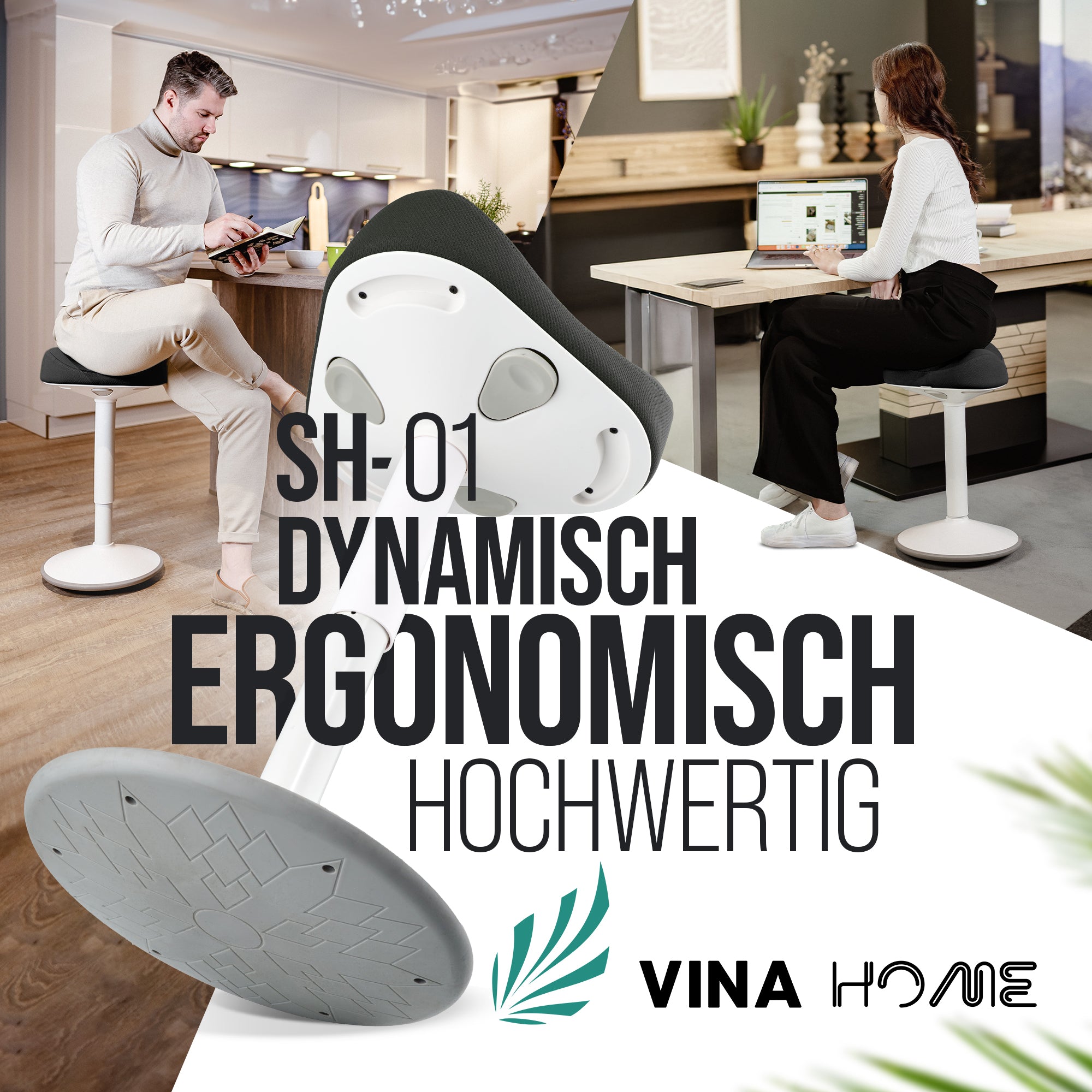 VINA Home SH-01 Bürohocker, Ergonomisch, Höhenverstellbar, Rutschfest - Sitzhocker/ Stehhocker für Arbeit & Freizeit
