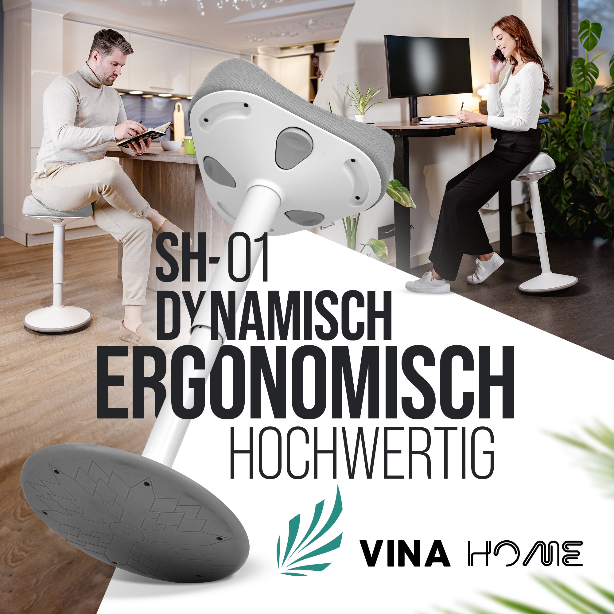 VINA Home SH-01 Bürohocker, Ergonomisch, Höhenverstellbar, Rutschfest - Sitzhocker/ Stehhocker für Arbeit & Freizeit