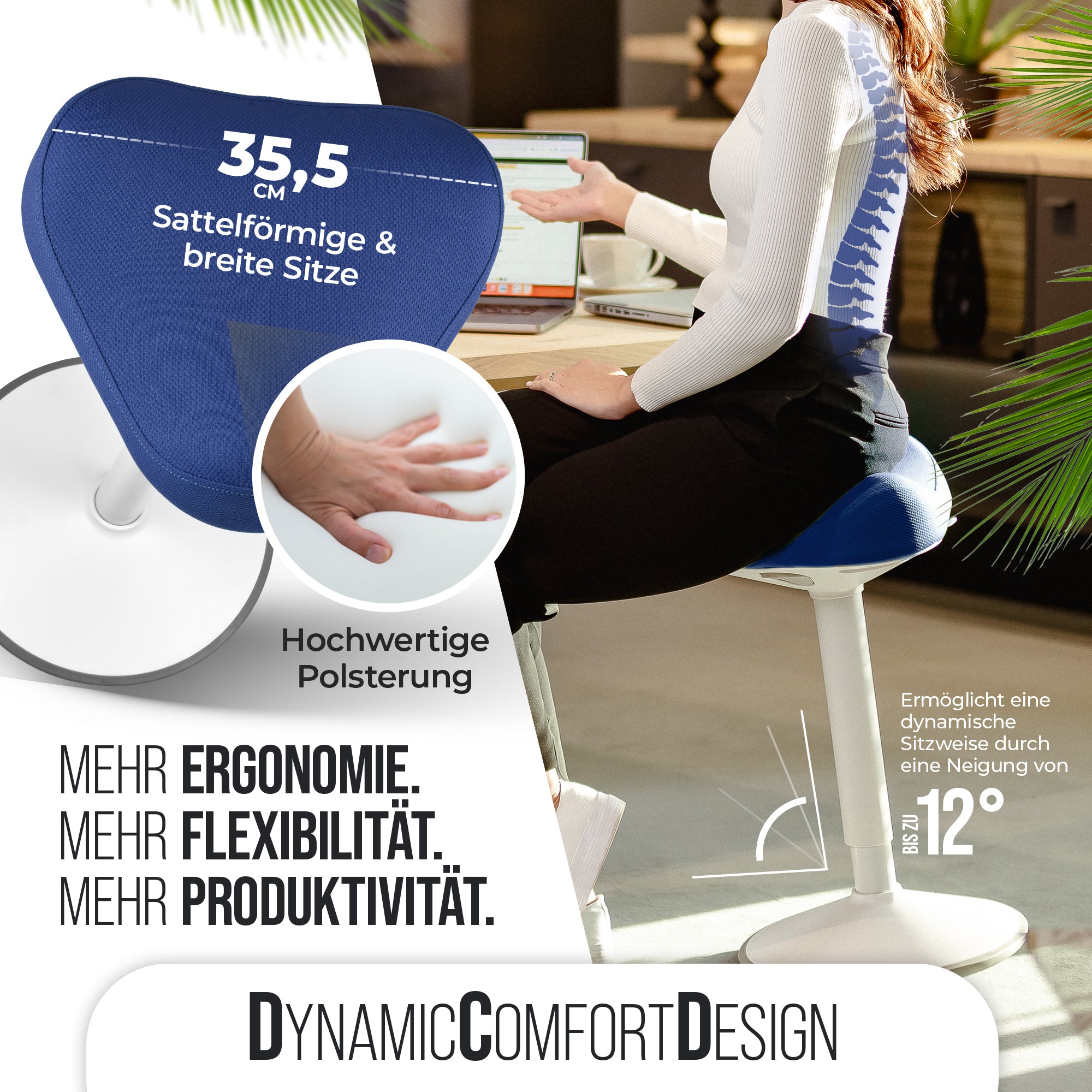 VINA Home SH-01S Bürohocker, Ergonomisch, (47 - 65cm) Höhenverstellbar, Rutschfest - Sitzhocker für Arbeit & Freizeit