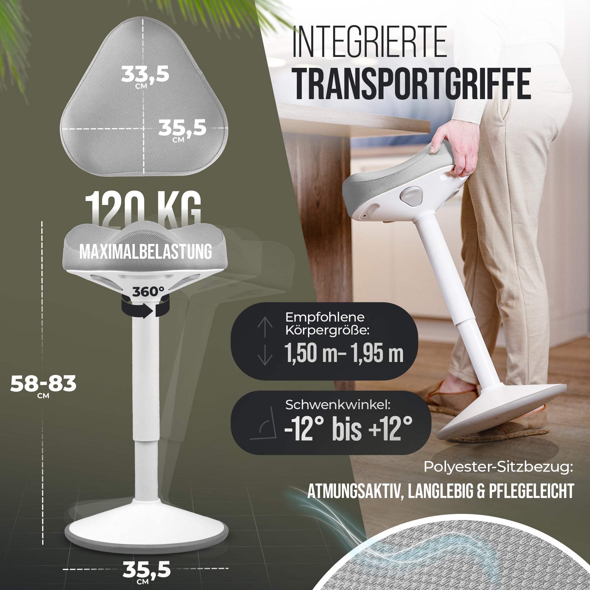 VINA Home SH-01 Bürohocker, Ergonomisch, Höhenverstellbar, Rutschfest - Sitzhocker/ Stehhocker für Arbeit & Freizeit