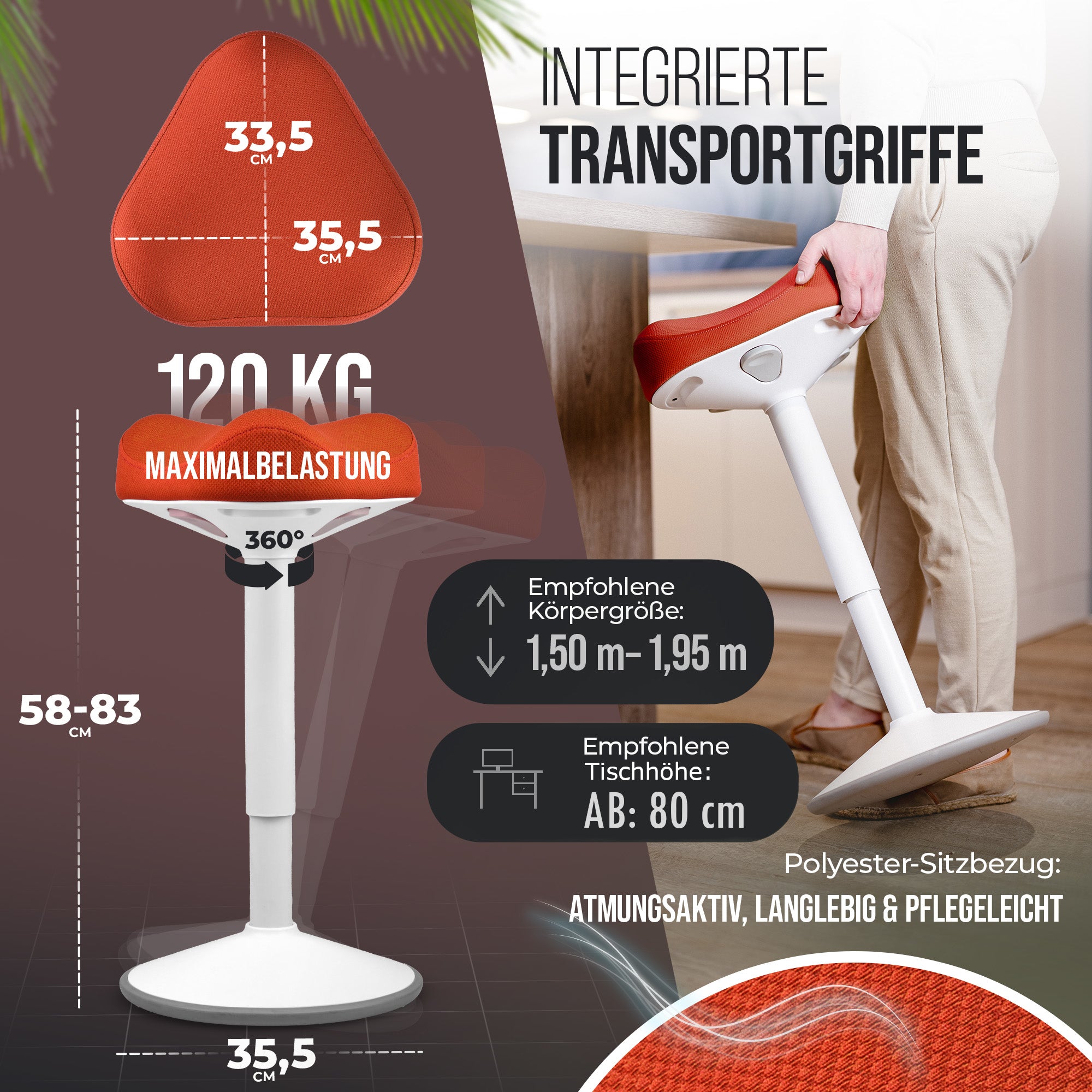 VINA Home SH-01 Bürohocker, Ergonomisch, (58 - 83cm) Höhenverstellbar, Rutschfest - Sitzhocker/ Stehhocker für Arbeit & Freizeit