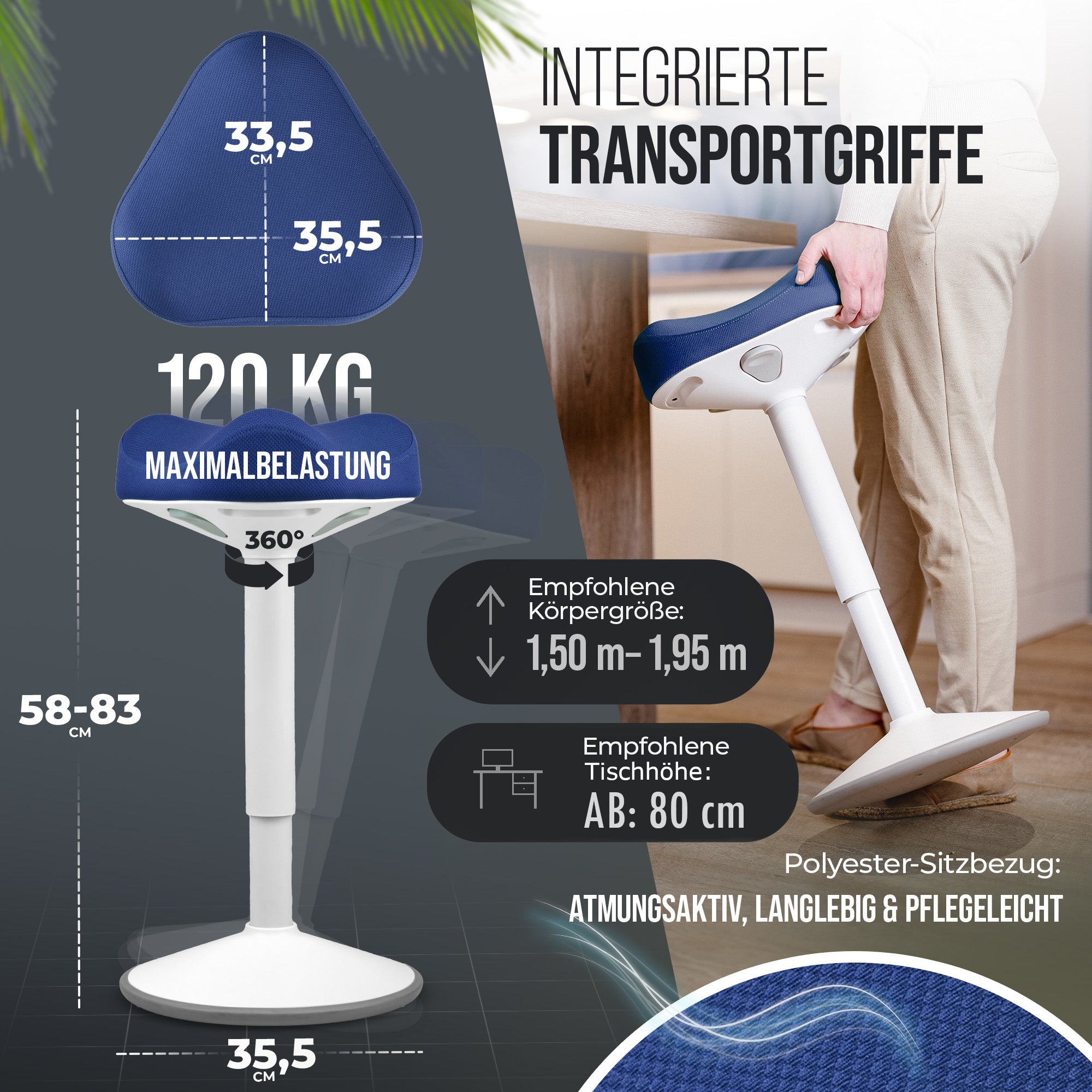 VINA Home SH-01 Bürohocker, Ergonomisch, Höhenverstellbar, Rutschfest - Sitzhocker/ Stehhocker für Arbeit & Freizeit