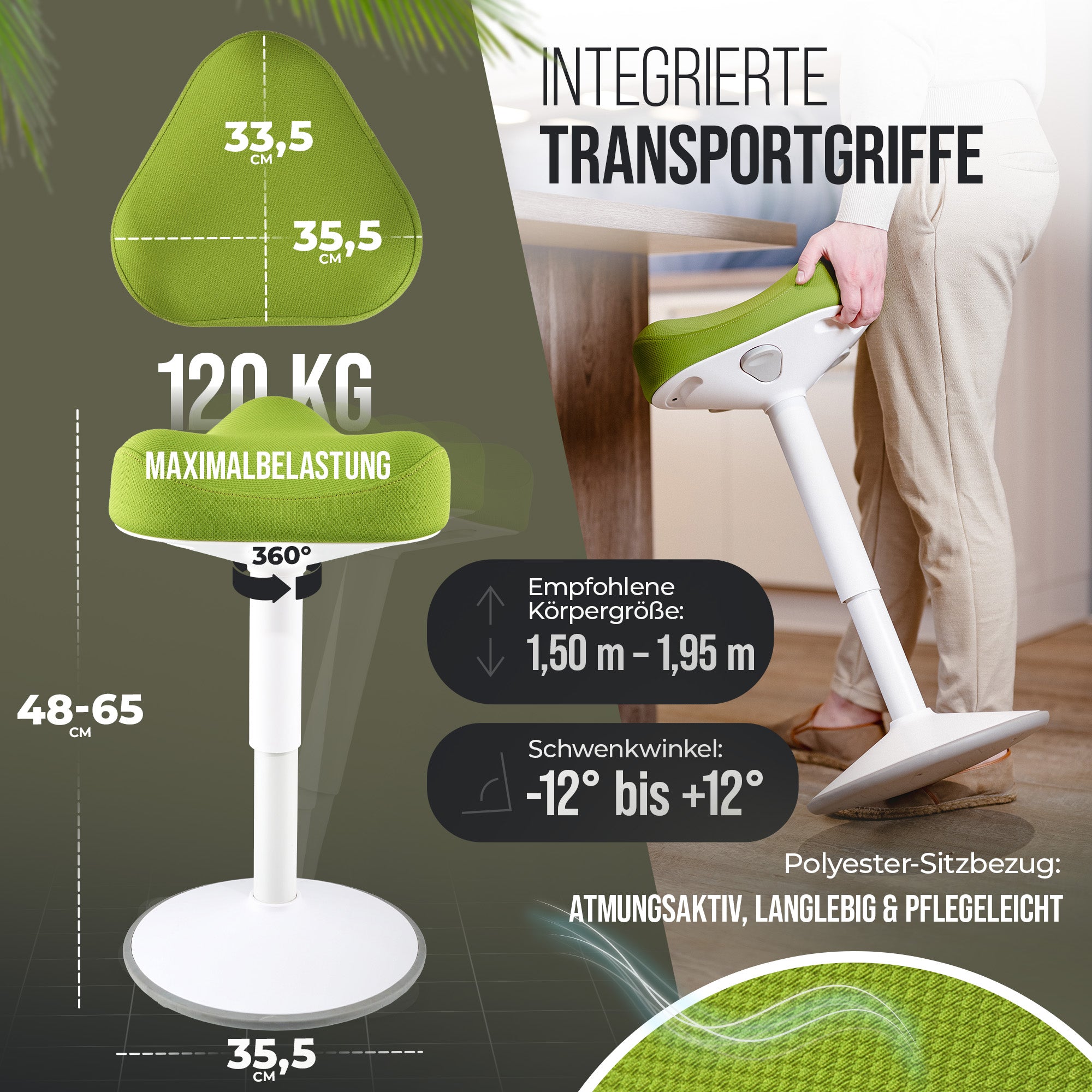 VINA Home SH-01S Bürohocker, Ergonomisch, (47 - 65cm) Höhenverstellbar, Rutschfest - Sitzhocker für Arbeit & Freizeit