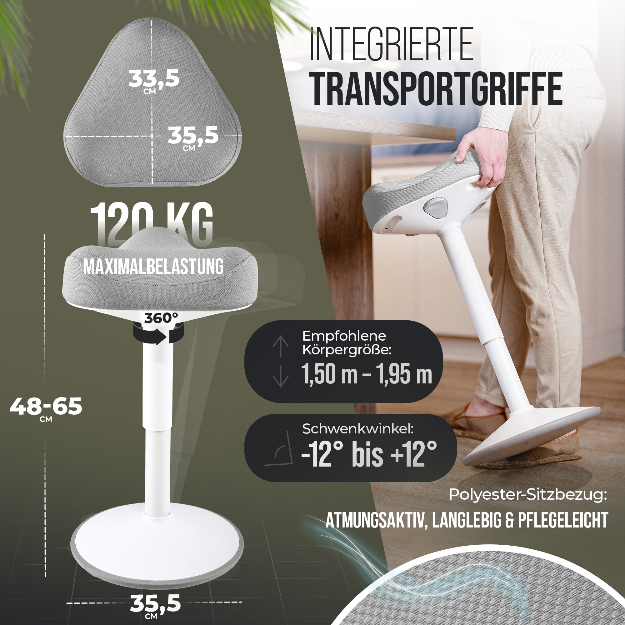 VINA Home SH-01S Bürohocker, Ergonomisch, (47 - 65cm) Höhenverstellbar, Rutschfest - Sitzhocker für Arbeit & Freizeit