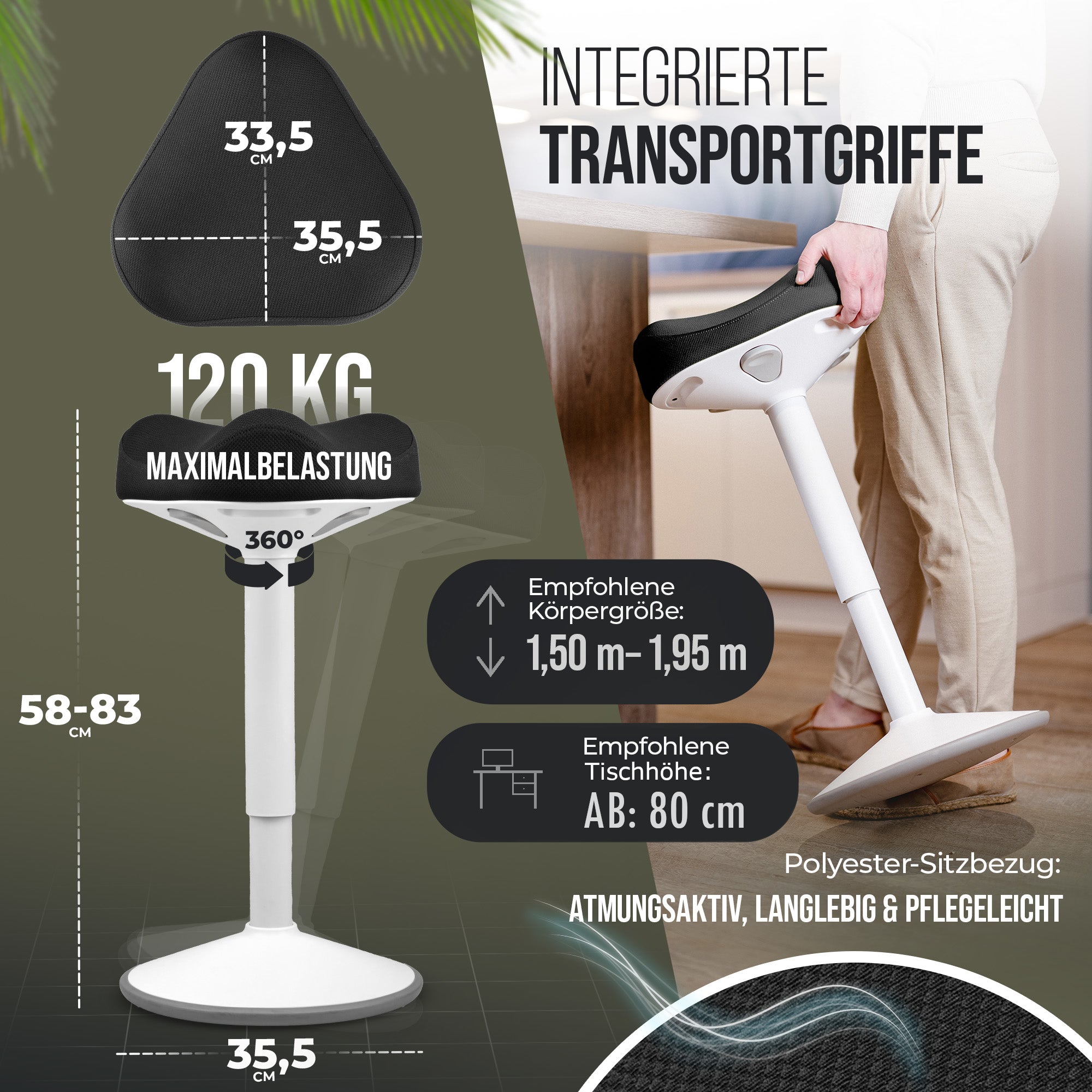 VINA Home SH-01 Bürohocker, Ergonomisch, Höhenverstellbar, Rutschfest - Sitzhocker/ Stehhocker für Arbeit & Freizeit
