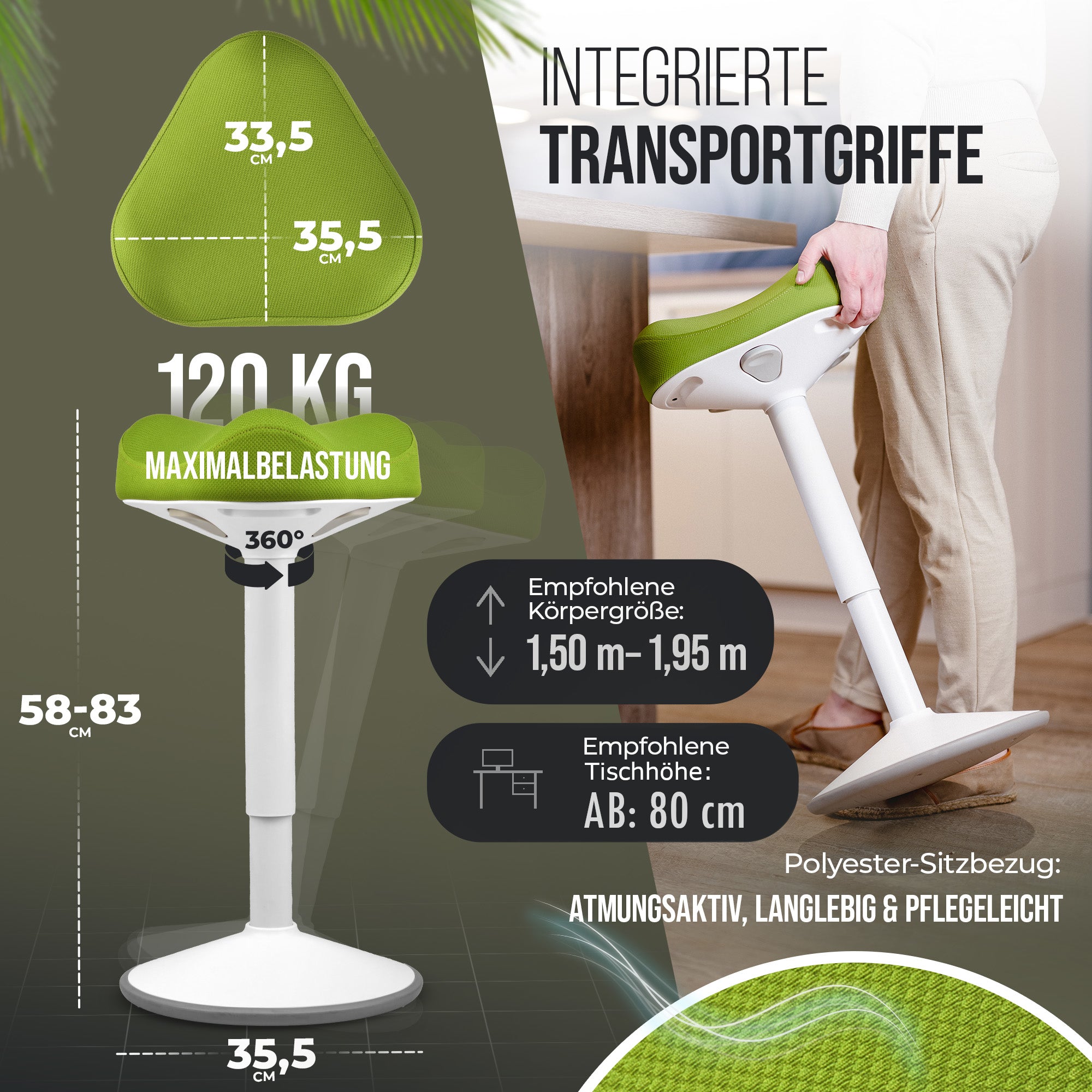VINA Home SH-01 Bürohocker, Ergonomisch, Höhenverstellbar, Rutschfest - Sitzhocker/ Stehhocker für Arbeit & Freizeit