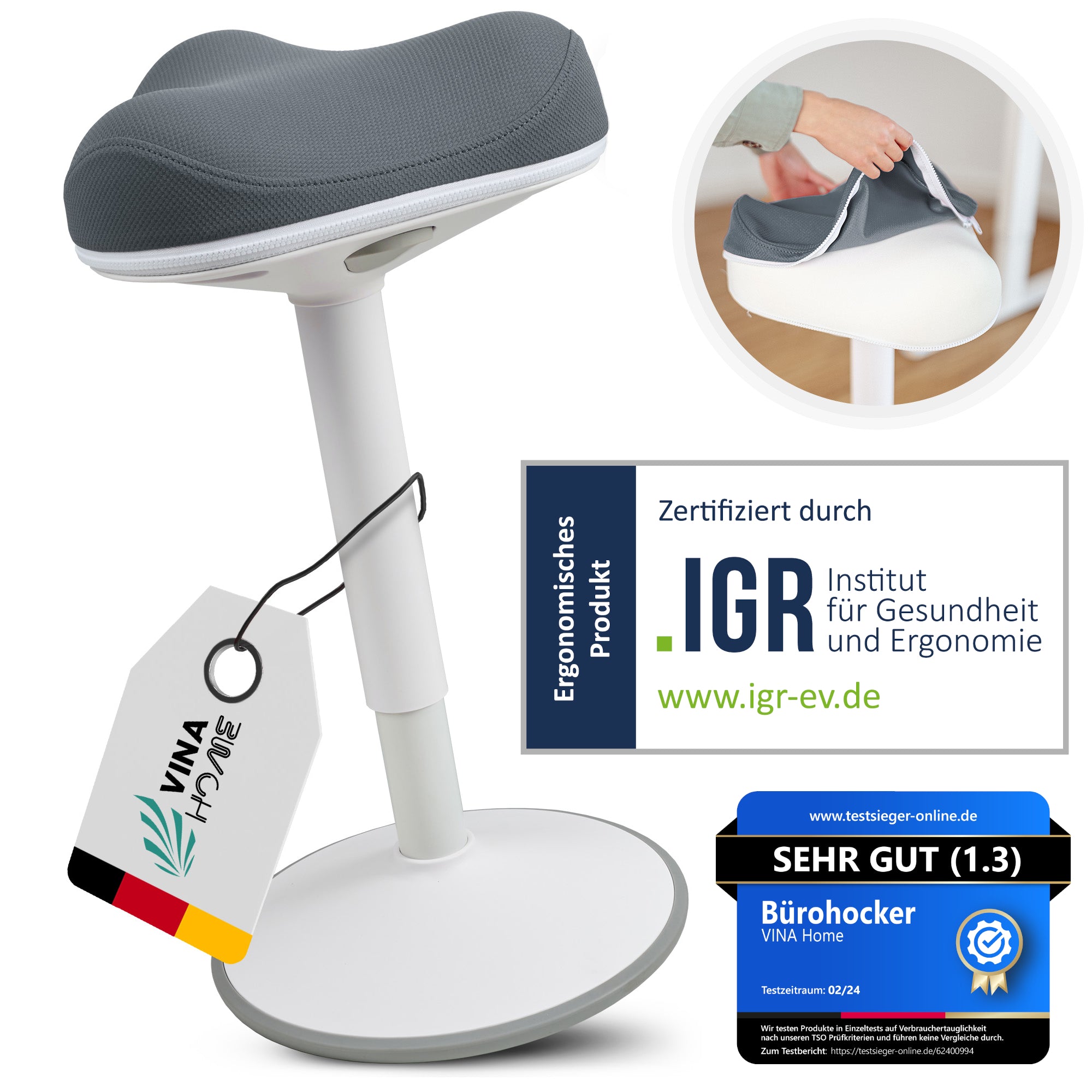 VINA Home SH-01 ZIP Bürohocker, Ergonomisch, Höhenverstellbar, Rutschfest - Sitzhocker/ Stehhocker für Arbeit & Freizeit