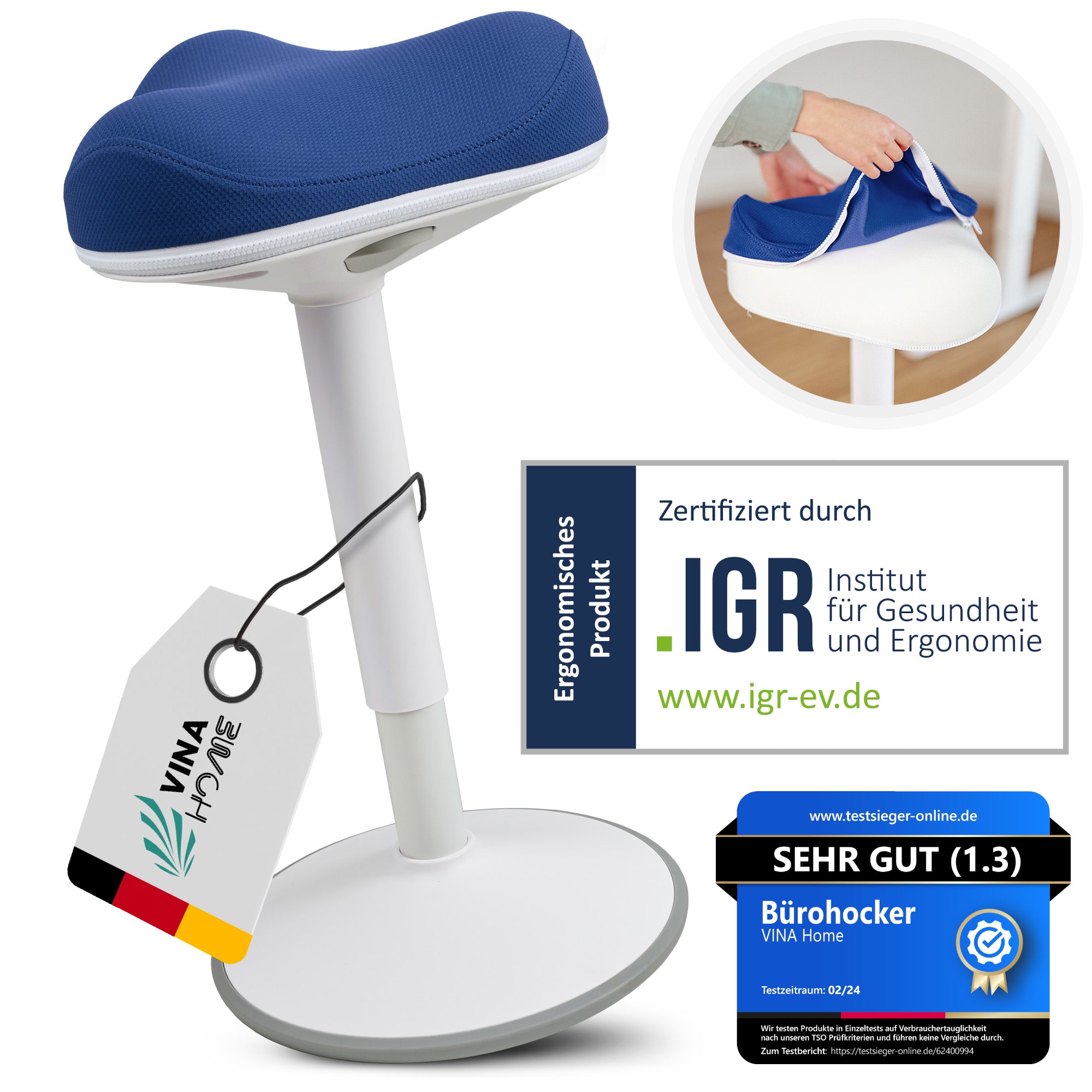 VINA Home SH-01 ZIP Bürohocker, Ergonomisch, Höhenverstellbar, Rutschfest - Sitzhocker/ Stehhocker für Arbeit & Freizeit