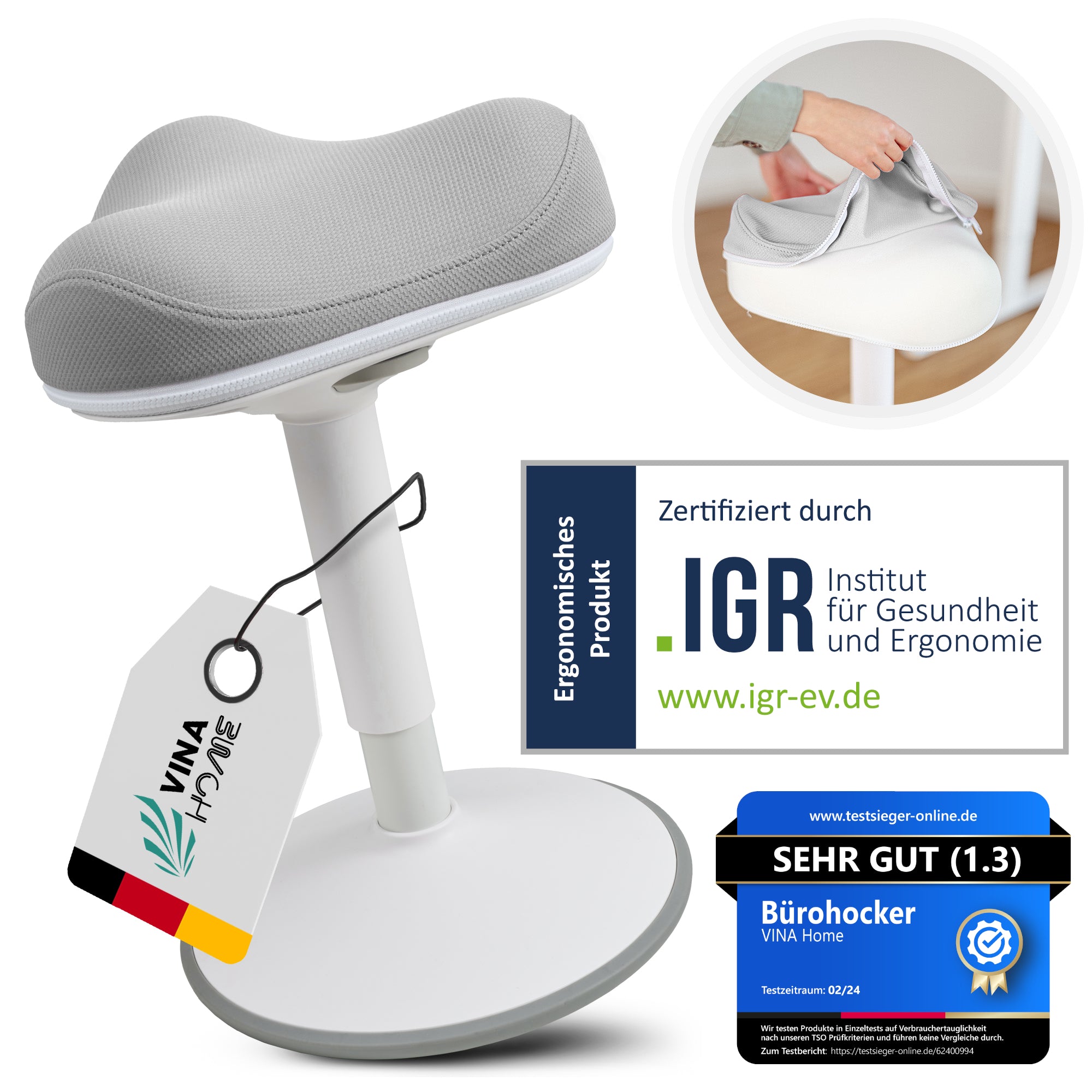 VINA Home SH-01 ZIP Bürohocker, Ergonomisch, Höhenverstellbar, Rutschfest - Sitzhocker/ Stehhocker für Arbeit & Freizeit