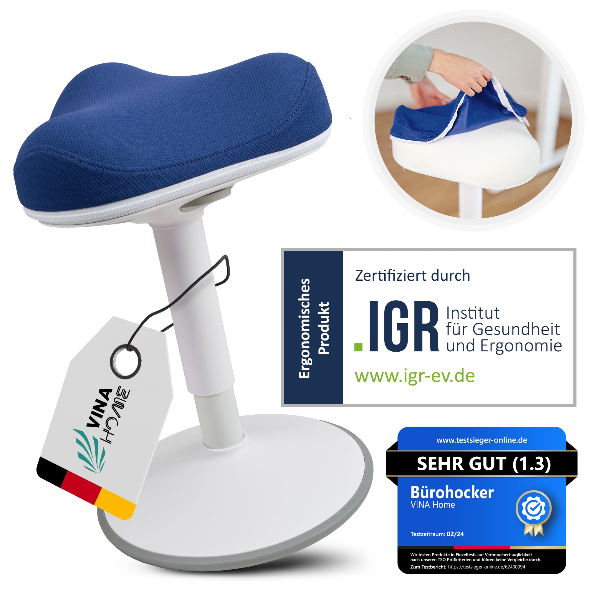 VINA Home SH-01 ZIP Bürohocker, Ergonomisch, Höhenverstellbar, Rutschfest - Sitzhocker/ Stehhocker für Arbeit & Freizeit