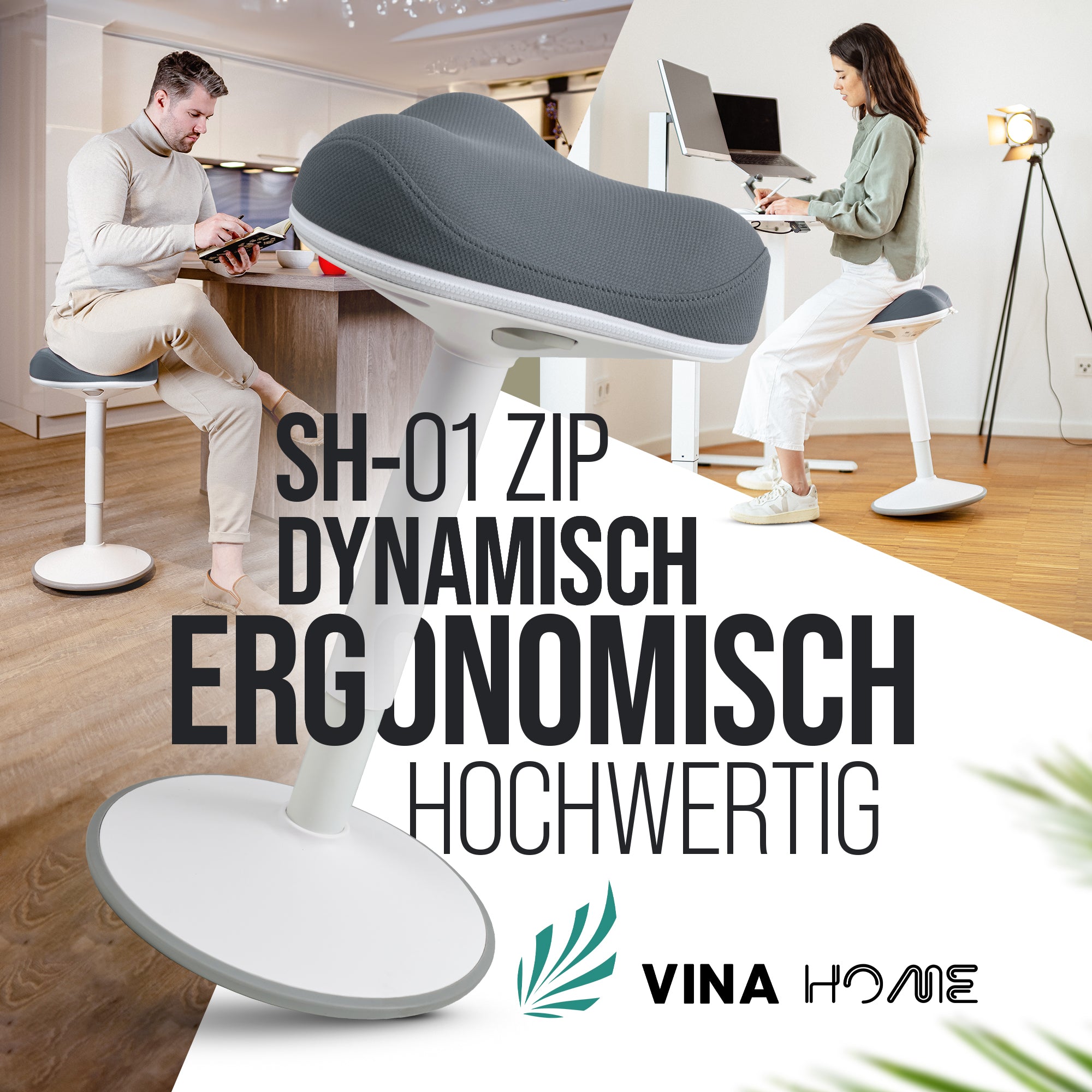 VINA Home SH-01 ZIP Bürohocker, Ergonomisch, Höhenverstellbar, Rutschfest - Sitzhocker/ Stehhocker für Arbeit & Freizeit