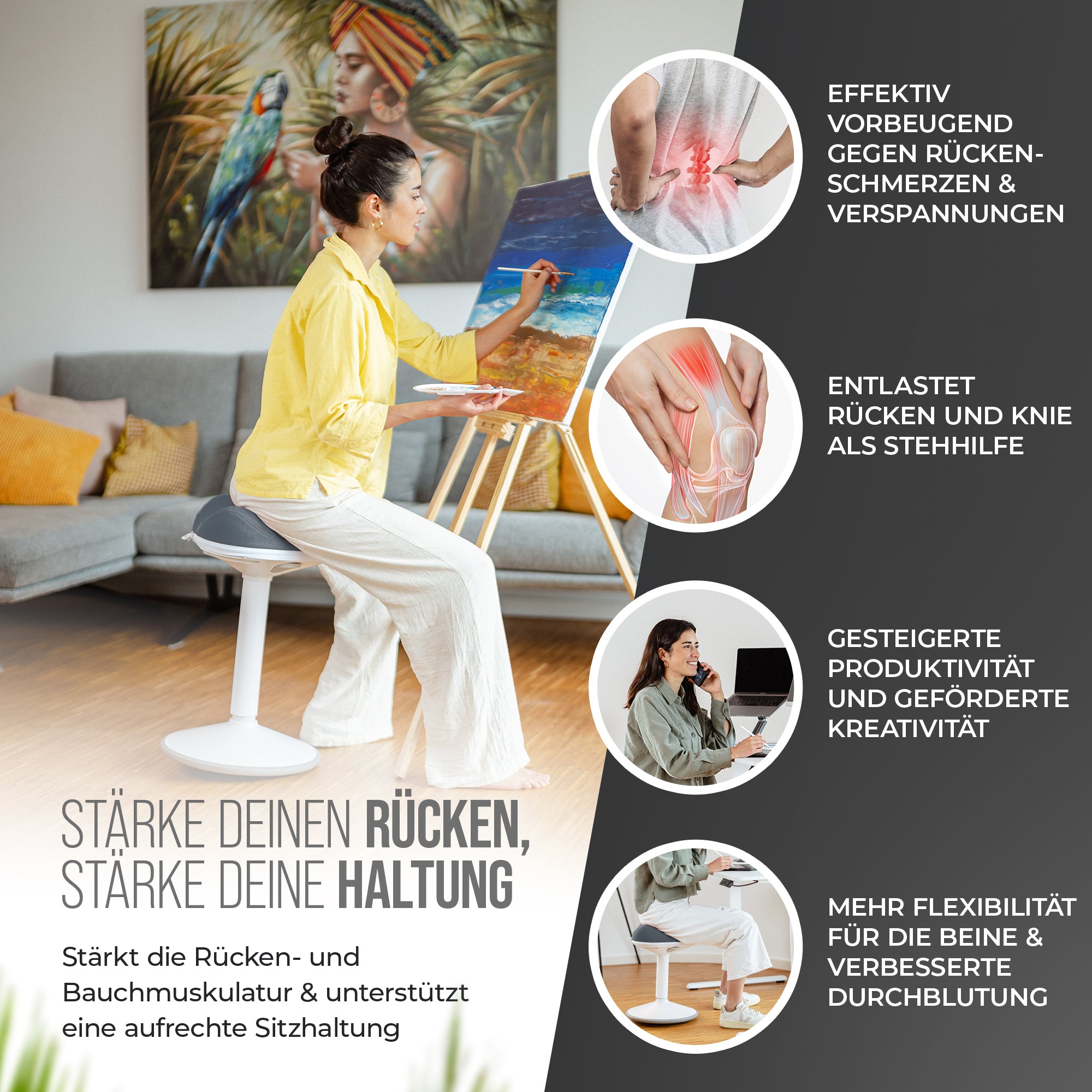 VINA Home SH-01 ZIP Bürohocker, Ergonomisch, Höhenverstellbar, Rutschfest - Sitzhocker/ Stehhocker für Arbeit & Freizeit