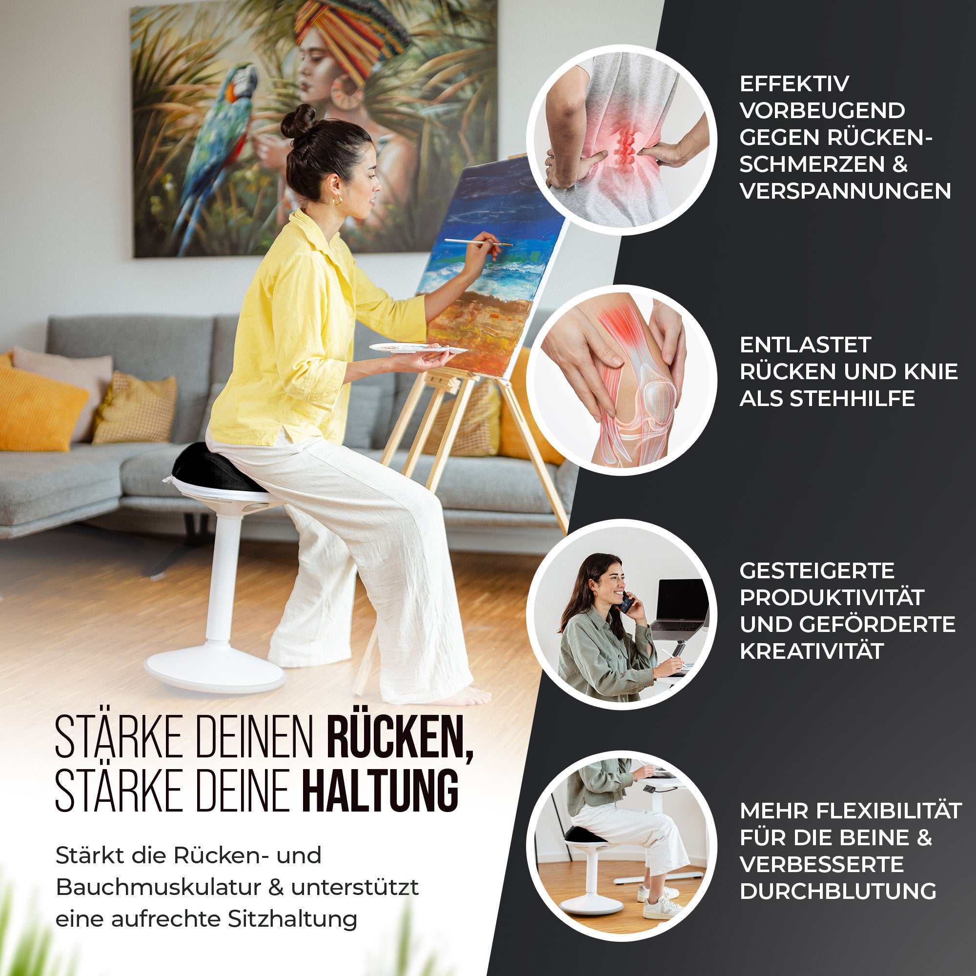 VINA Home SH-01 ZIP Bürohocker, Ergonomisch, Höhenverstellbar, Rutschfest - Sitzhocker/ Stehhocker für Arbeit & Freizeit