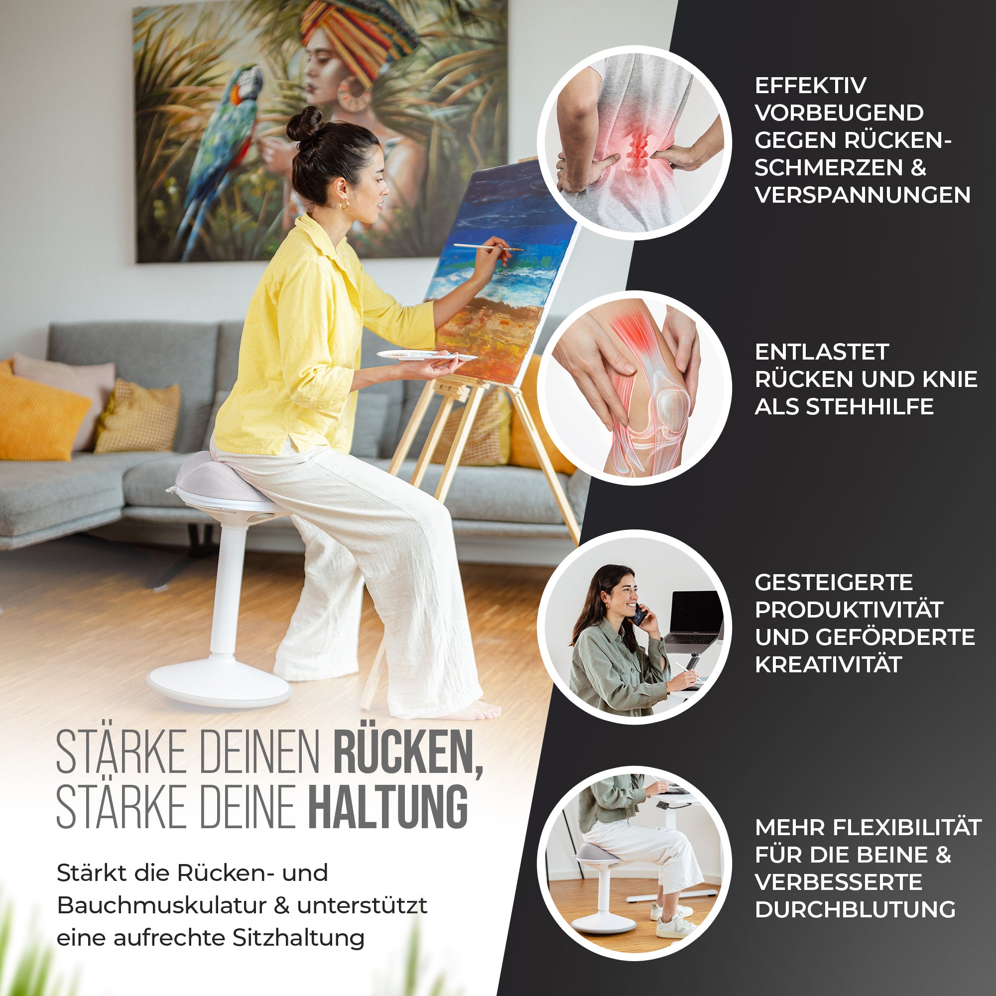 VINA Home SH-01 ZIP Bürohocker, Ergonomisch, Höhenverstellbar, Rutschfest - Sitzhocker/ Stehhocker für Arbeit & Freizeit