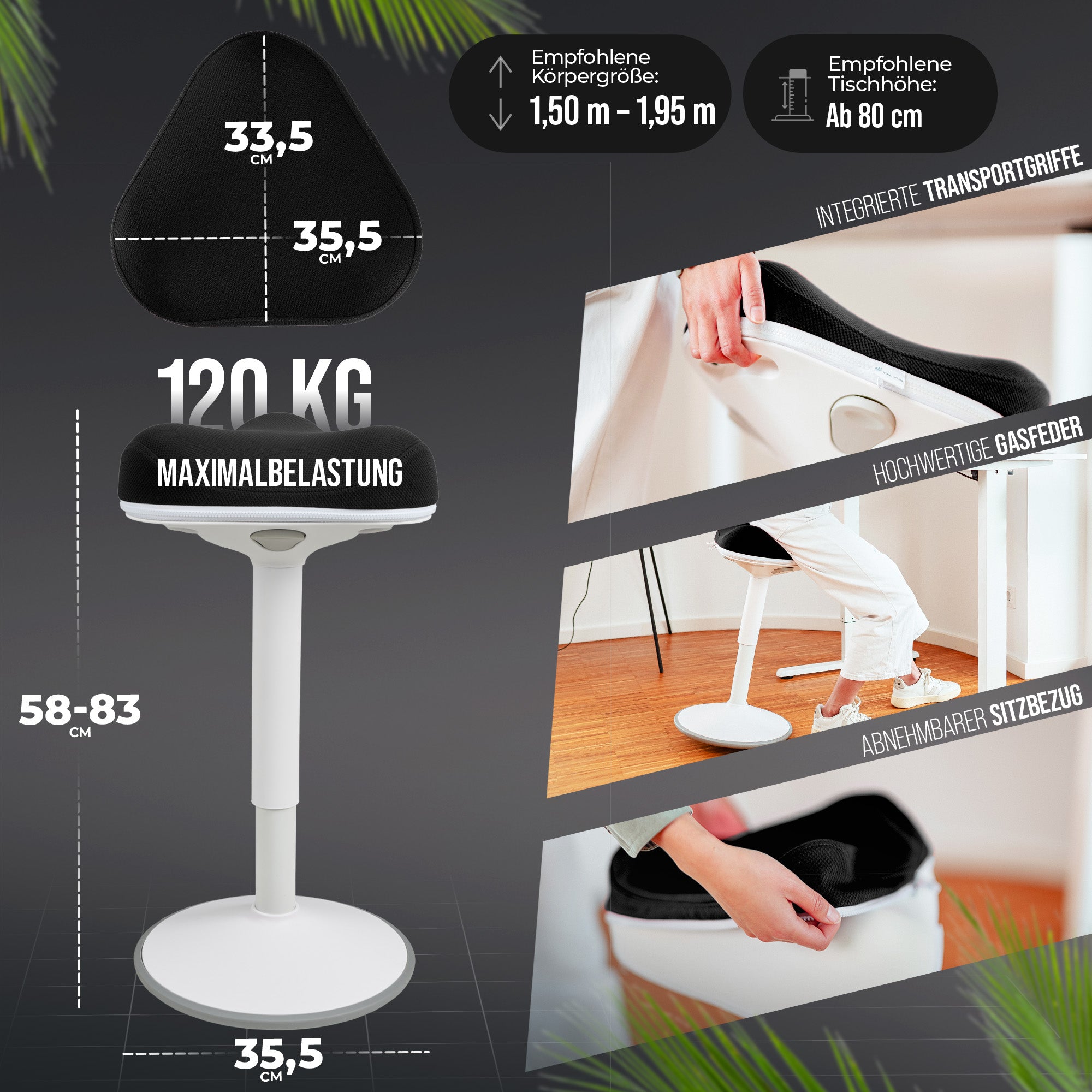 VINA Home SH-01 ZIP Bürohocker, Ergonomisch, Höhenverstellbar, Rutschfest - Sitzhocker/ Stehhocker für Arbeit & Freizeit