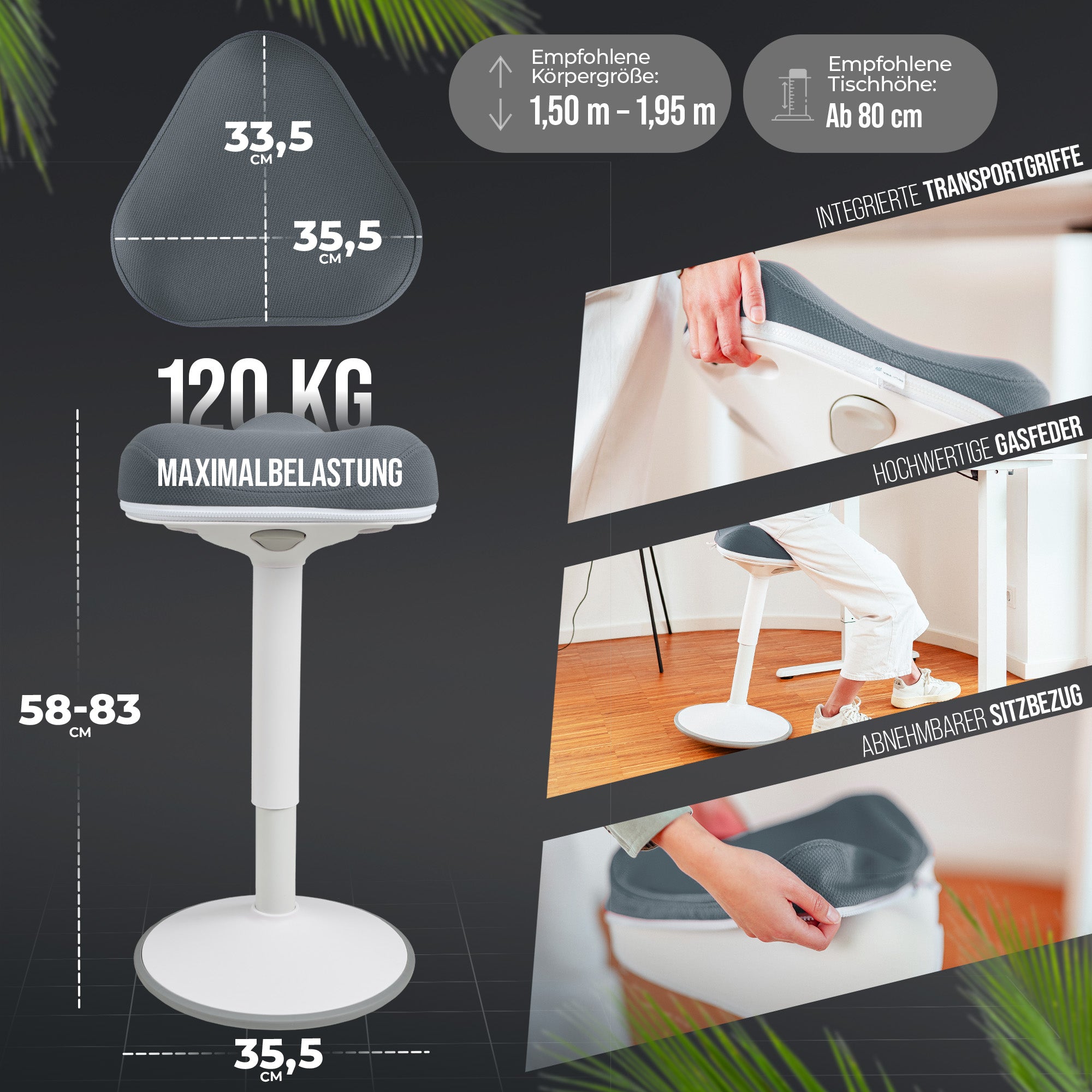 VINA Home SH-01 ZIP Bürohocker, Ergonomisch, Höhenverstellbar, Rutschfest - Sitzhocker/ Stehhocker für Arbeit & Freizeit