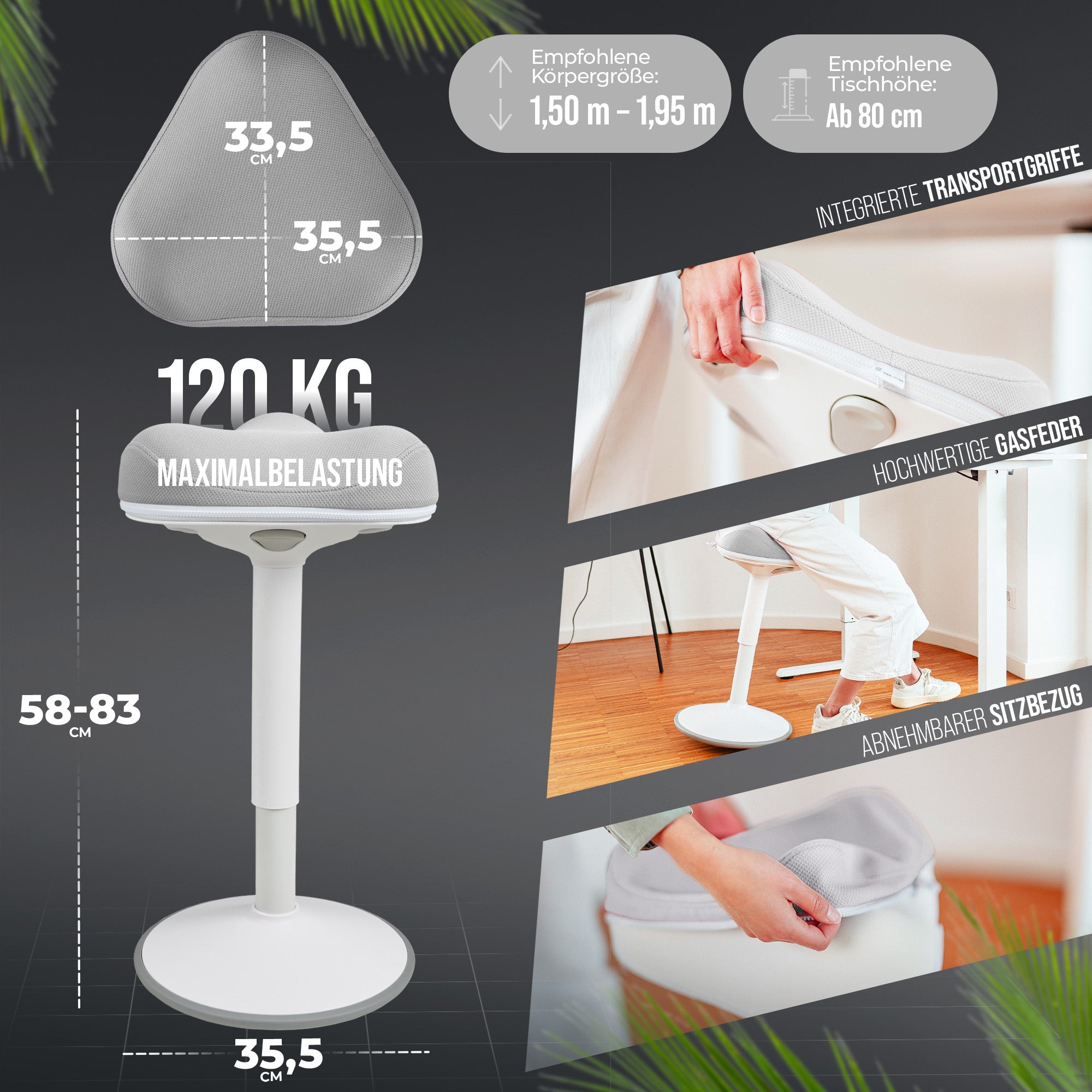 VINA Home SH-01 ZIP Bürohocker, Ergonomisch, Höhenverstellbar, Rutschfest - Sitzhocker/ Stehhocker für Arbeit & Freizeit