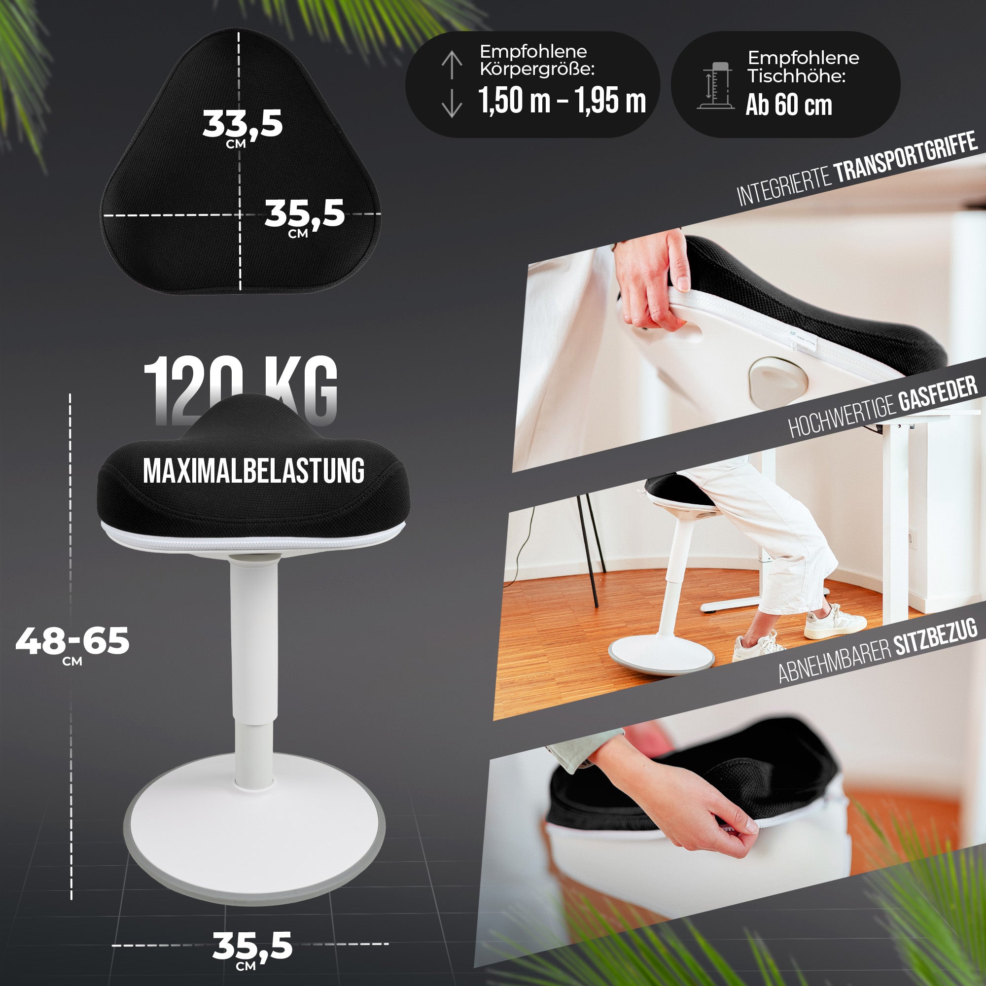 VINA Home SH-01 ZIP Bürohocker, Ergonomisch, Höhenverstellbar, Rutschfest - Sitzhocker/ Stehhocker für Arbeit & Freizeit