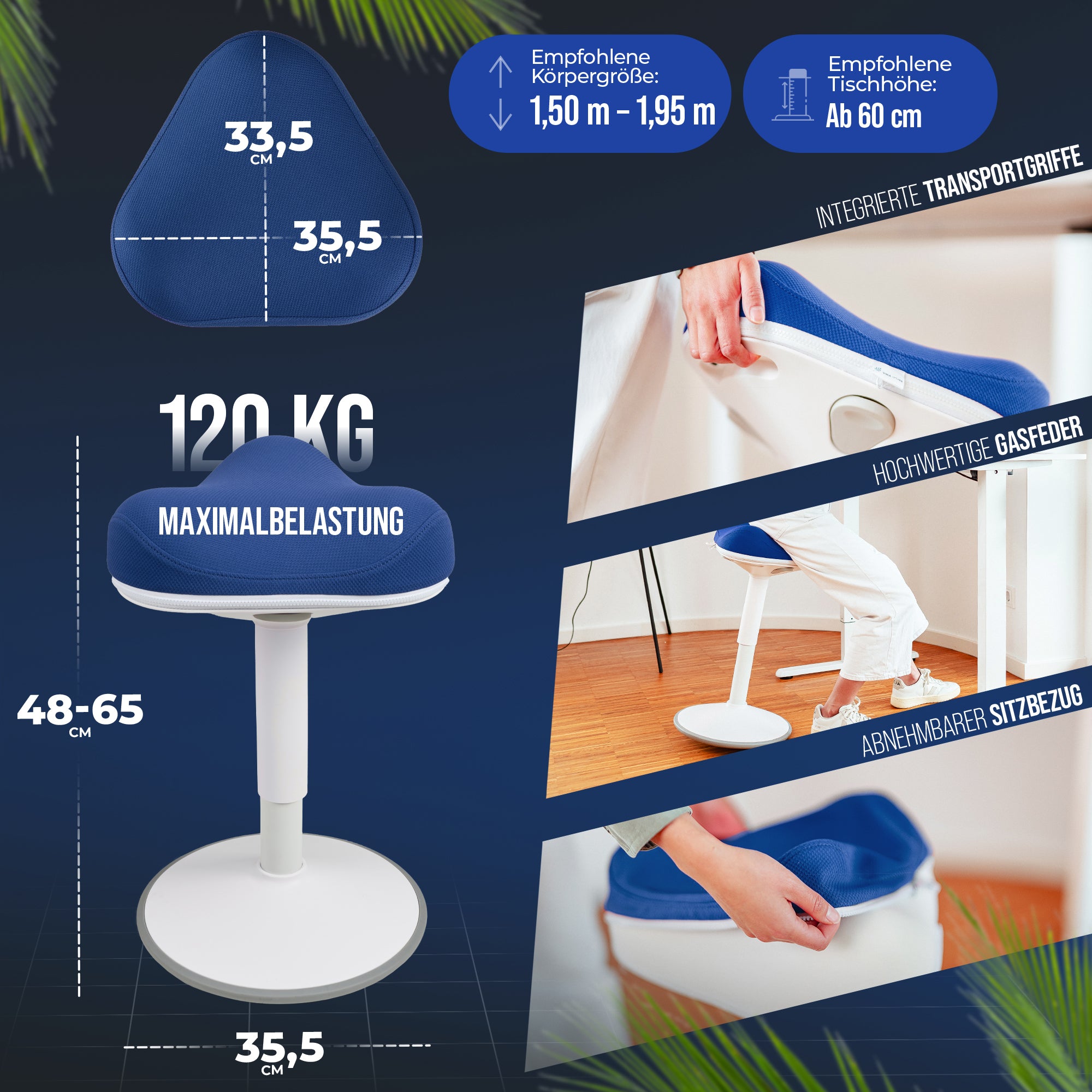 VINA Home SH-01 ZIP Bürohocker, Ergonomisch, Höhenverstellbar, Rutschfest - Sitzhocker/ Stehhocker für Arbeit & Freizeit