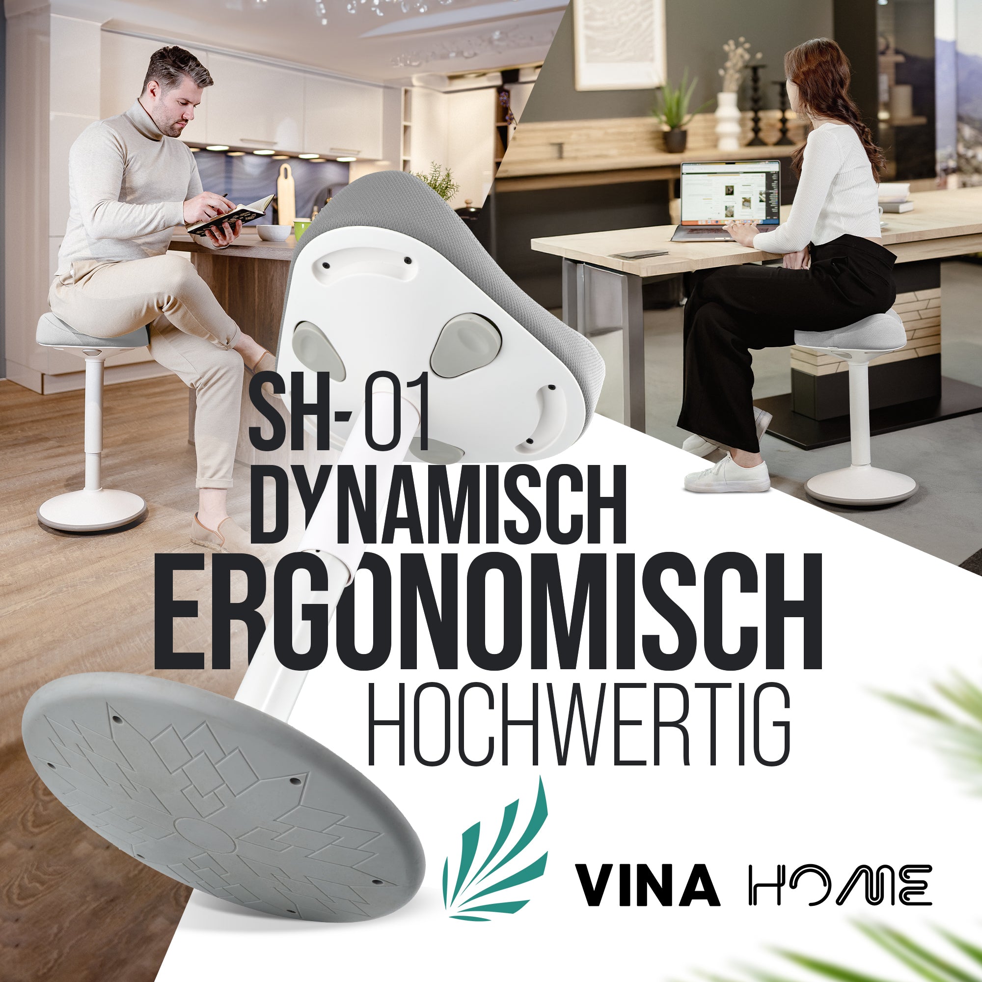VINA Home SH-01S Bürohocker, Ergonomisch, (47 - 65cm) Höhenverstellbar, Rutschfest - Sitzhocker für Arbeit & Freizeit