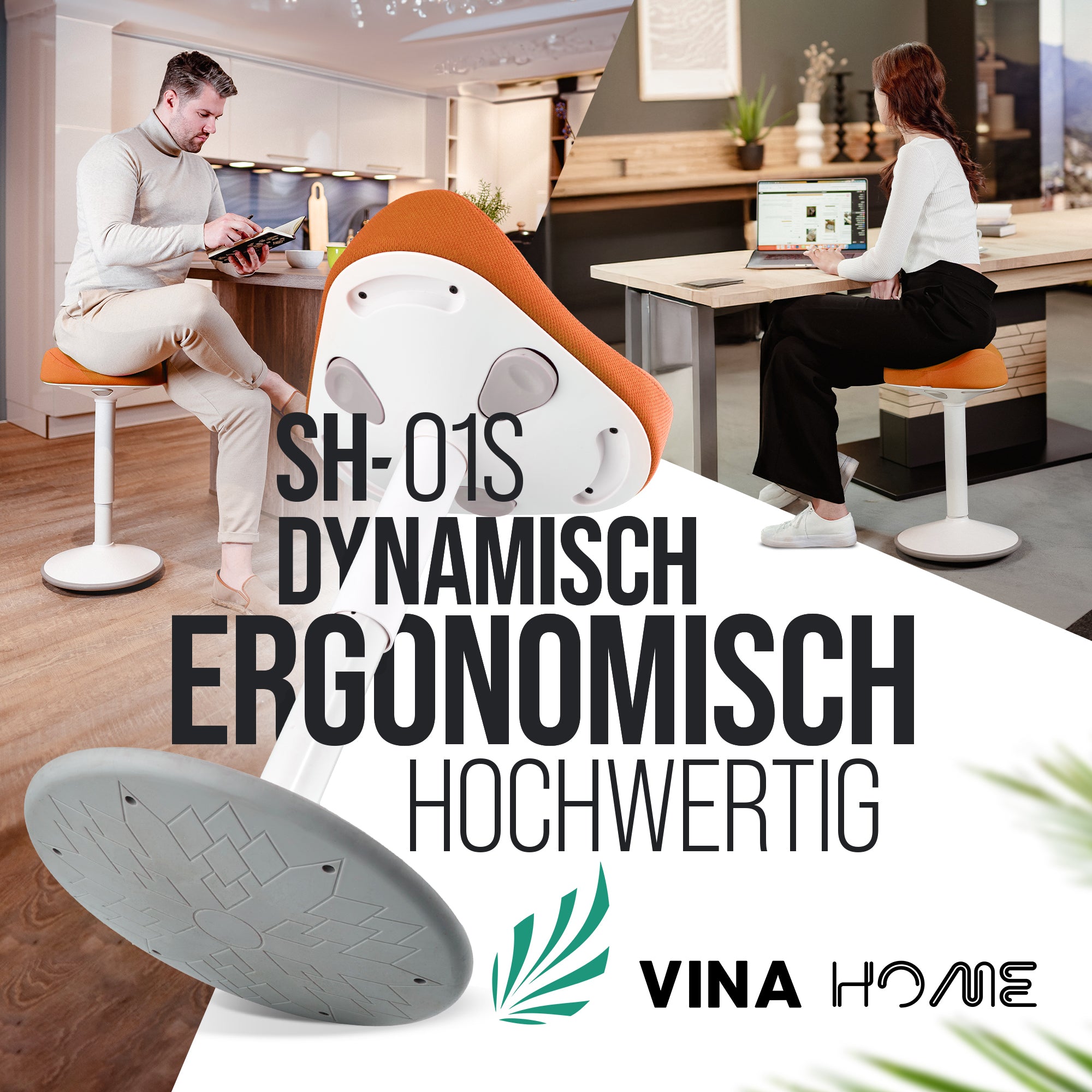 VINA Home SH-01S Bürohocker, Ergonomisch, (47 - 65cm) Höhenverstellbar, Rutschfest - Sitzhocker für Arbeit & Freizeit
