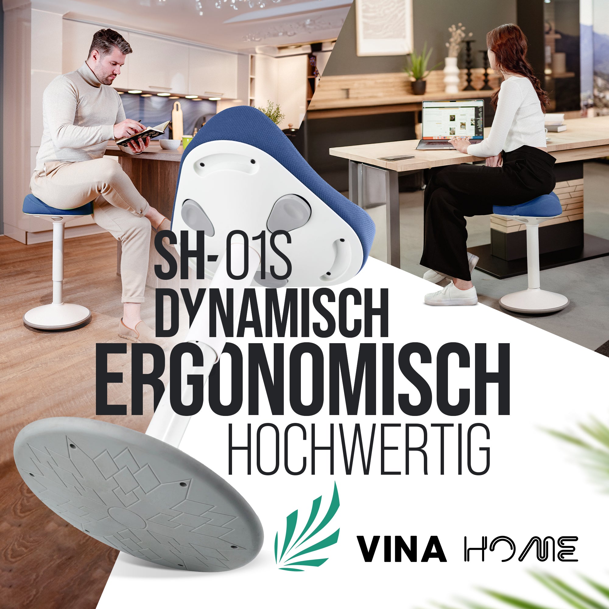 VINA Home SH-01S Bürohocker, Ergonomisch, (47 - 65cm) Höhenverstellbar, Rutschfest - Sitzhocker für Arbeit & Freizeit