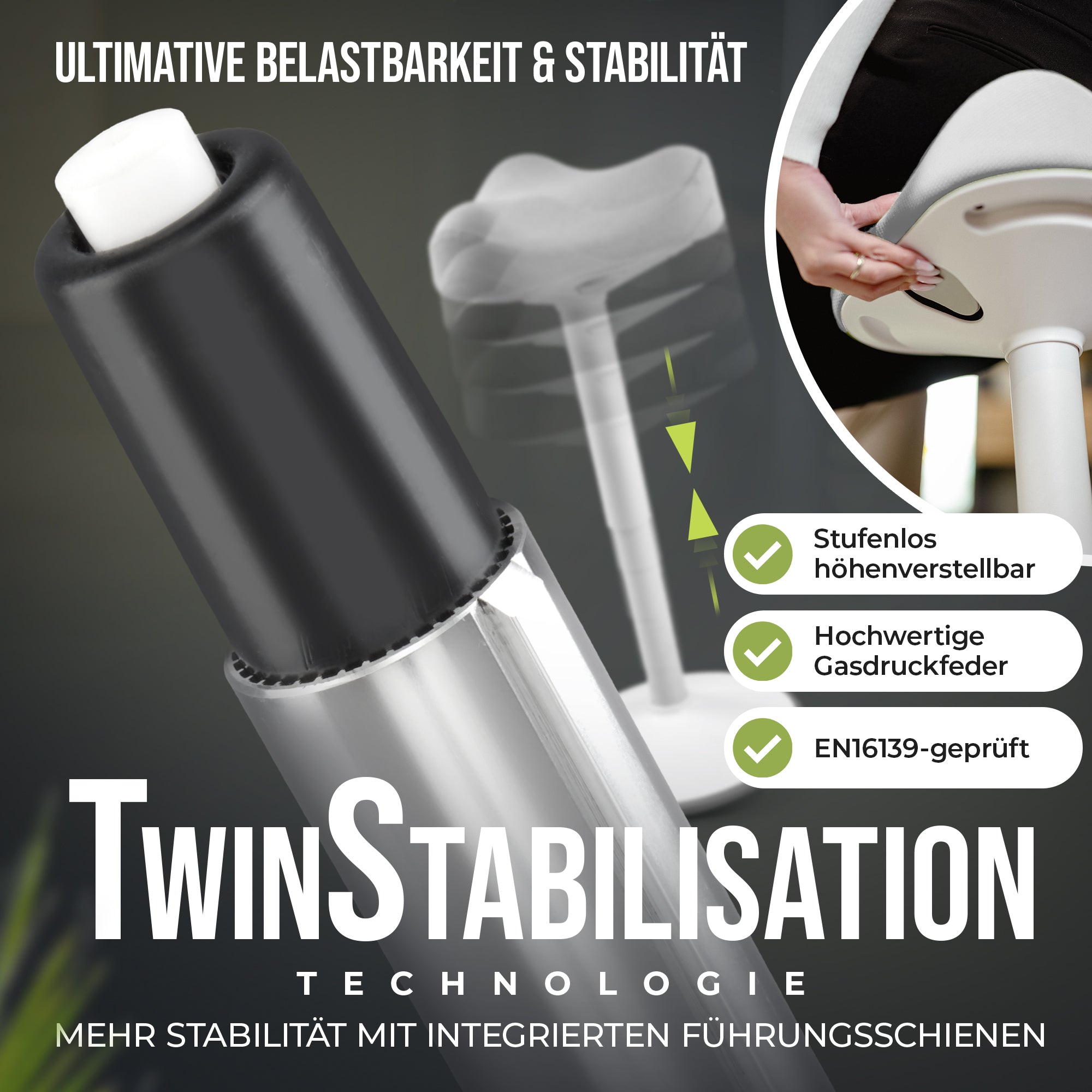 VINA Home SH-01 ZIP Bürohocker, Ergonomisch, Höhenverstellbar, Rutschfest - Sitzhocker/ Stehhocker für Arbeit & Freizeit