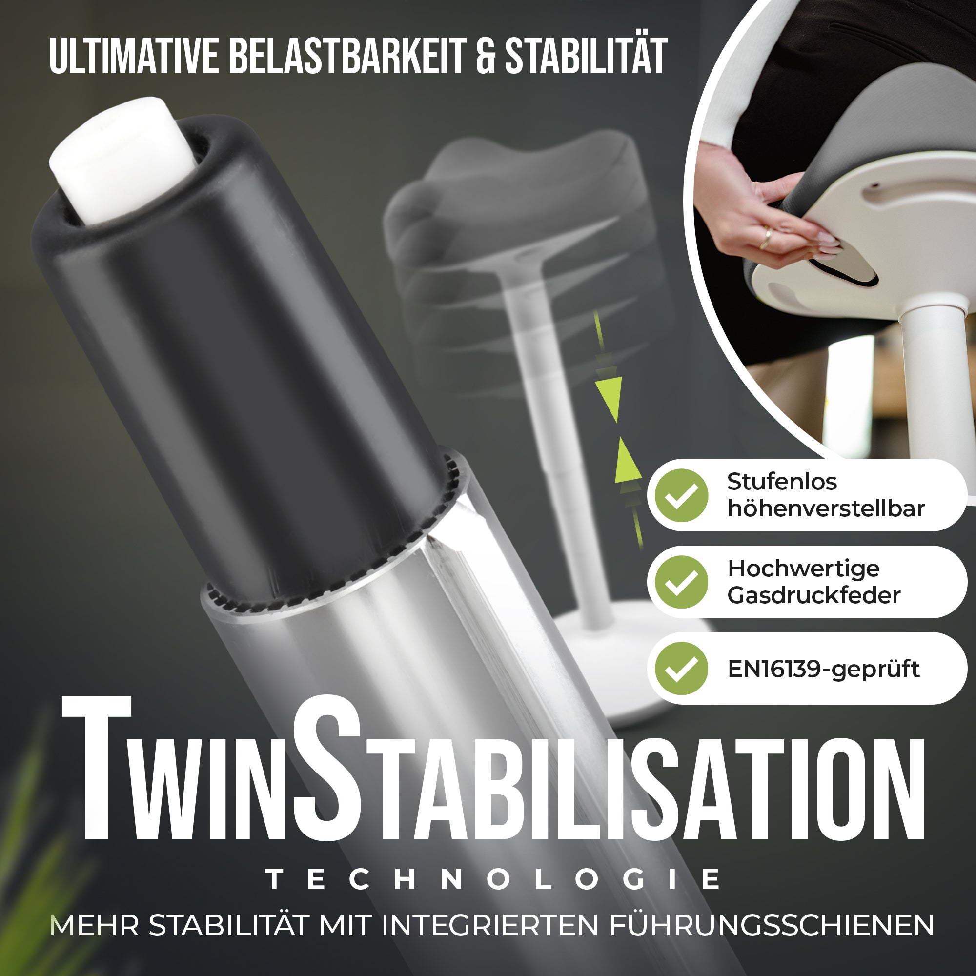 VINA Home SH-01 ZIP Bürohocker, Ergonomisch, Höhenverstellbar, Rutschfest - Sitzhocker/ Stehhocker für Arbeit & Freizeit