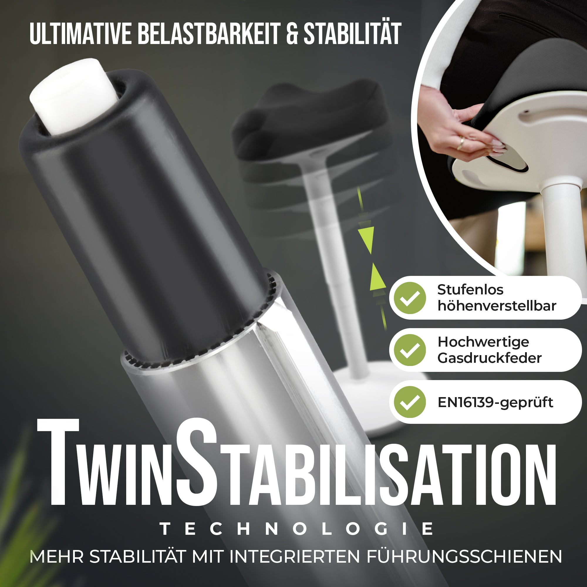 VINA Home SH-01 ZIP Bürohocker, Ergonomisch, Höhenverstellbar, Rutschfest - Sitzhocker/ Stehhocker für Arbeit & Freizeit