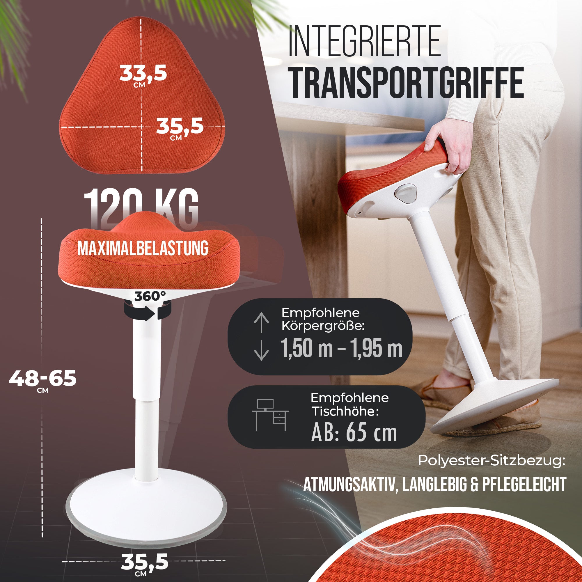 VINA Home SH-01S Bürohocker, Ergonomisch, (47 - 65cm) Höhenverstellbar, Rutschfest - Sitzhocker für Arbeit & Freizeit