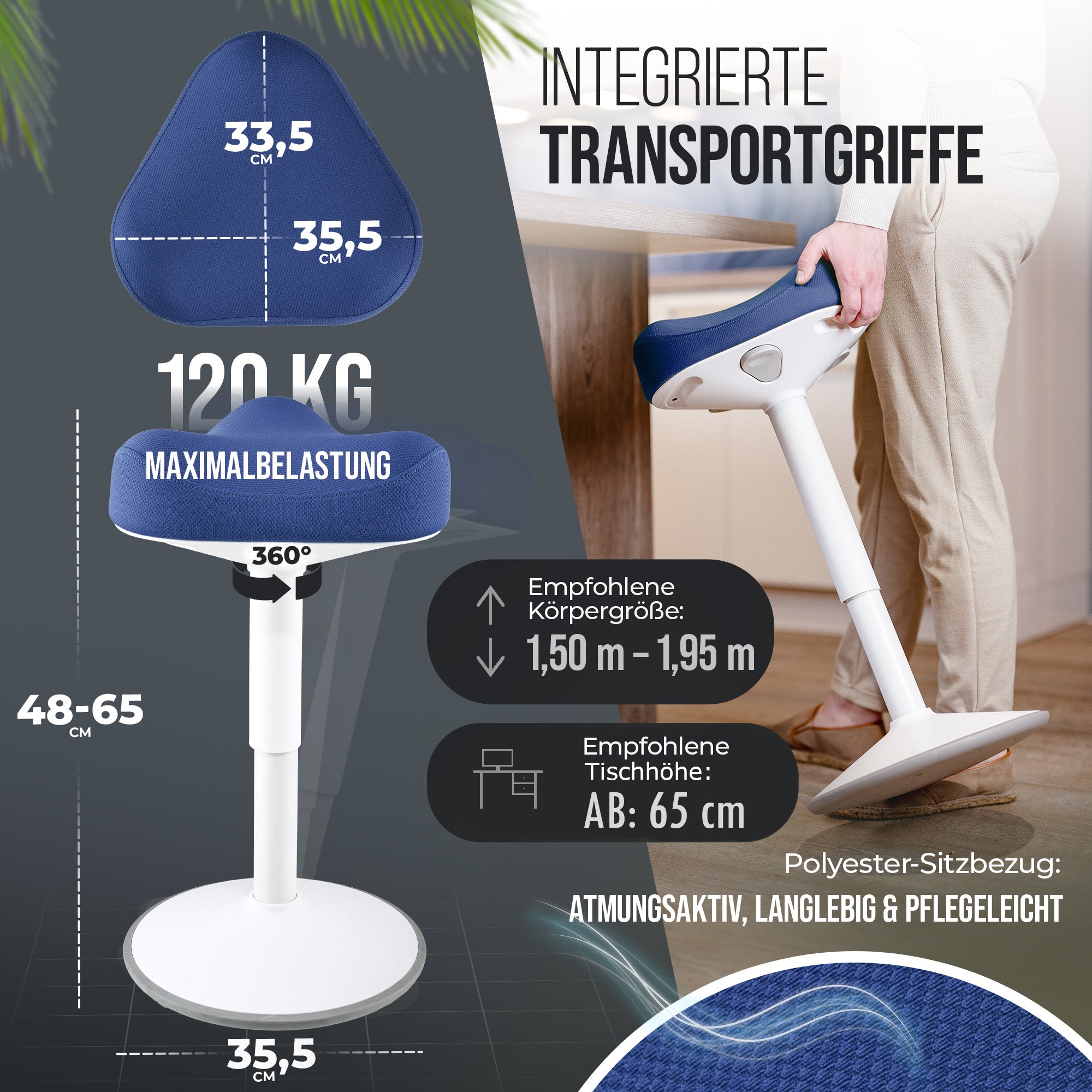 VINA Home SH-01S Bürohocker, Ergonomisch, (47 - 65cm) Höhenverstellbar, Rutschfest - Sitzhocker für Arbeit & Freizeit