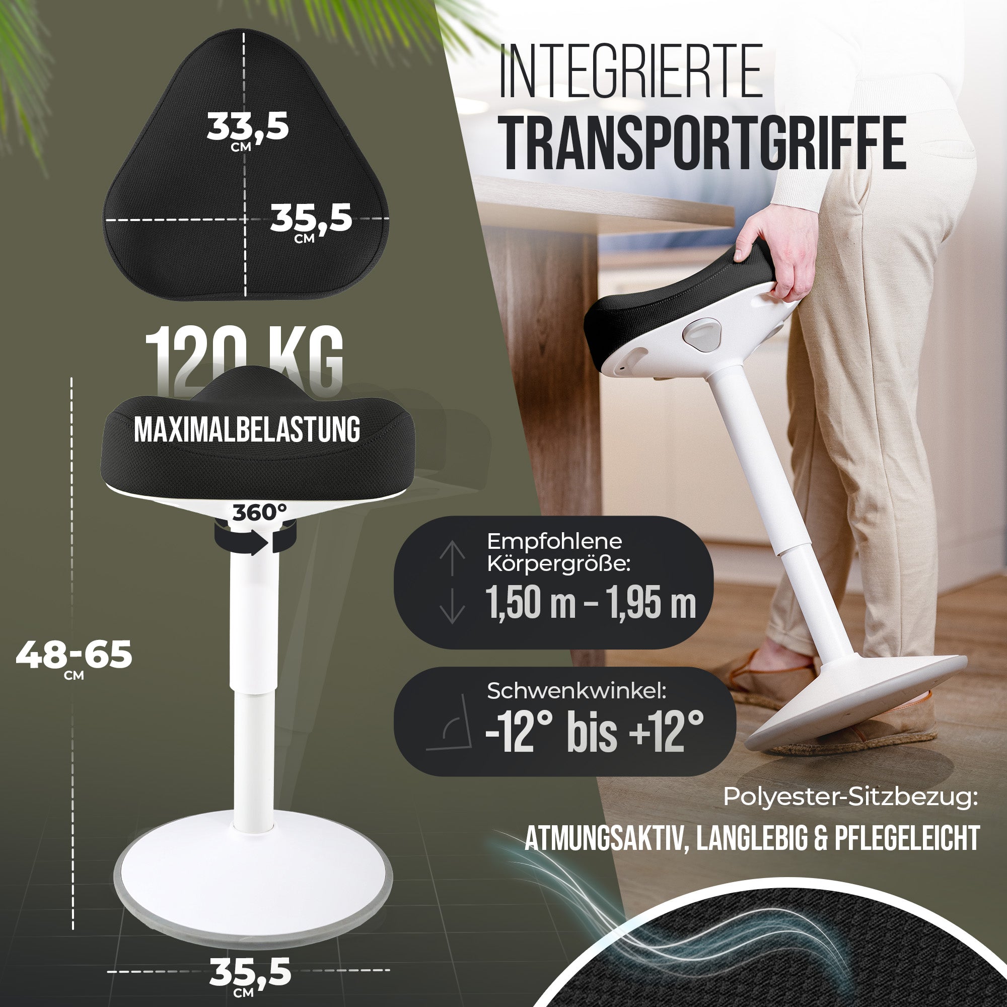 VINA Home SH-01S Bürohocker, Ergonomisch, (47 - 65cm) Höhenverstellbar, Rutschfest - Sitzhocker für Arbeit & Freizeit